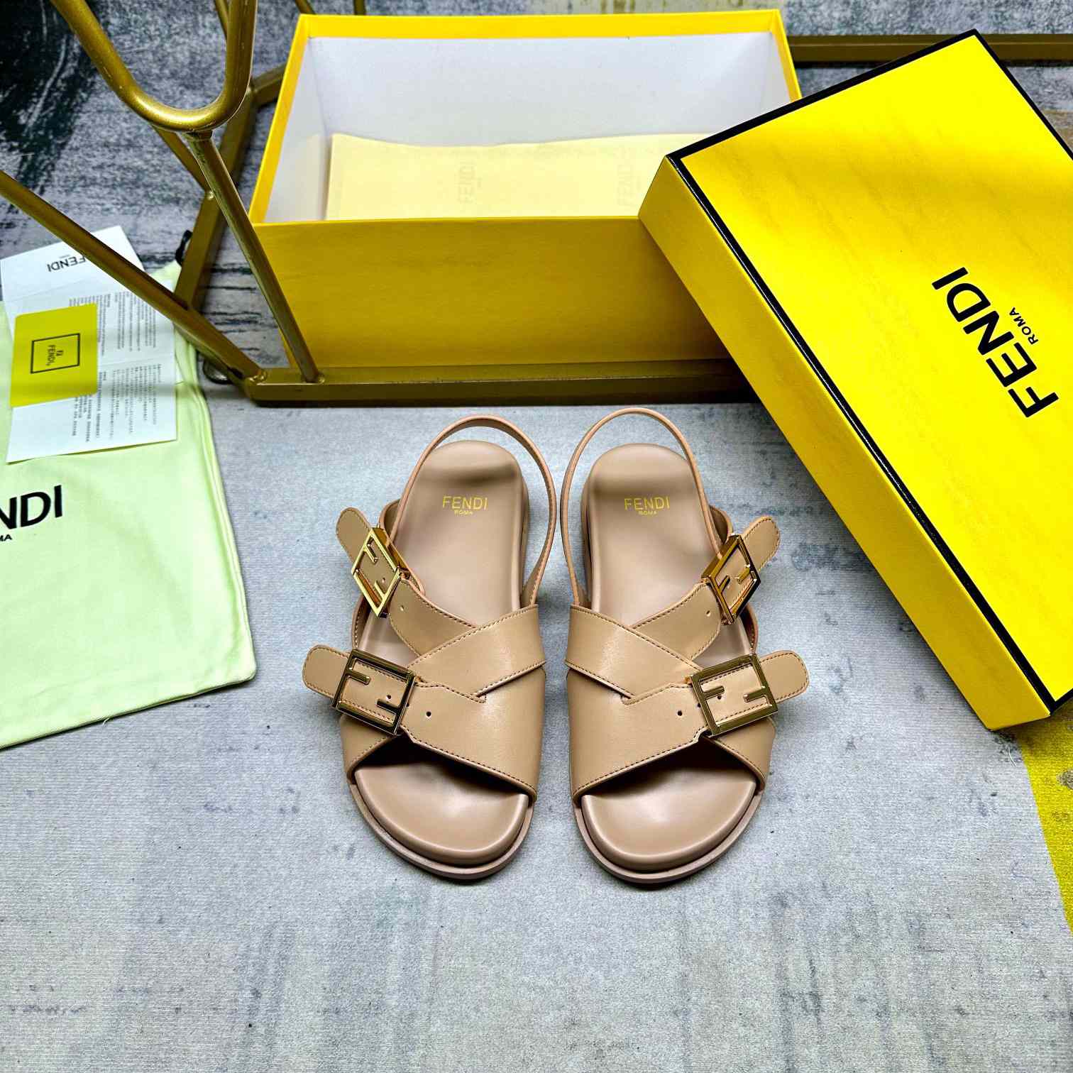 Fendi Feel Beige Leather Slides - DopestKickz