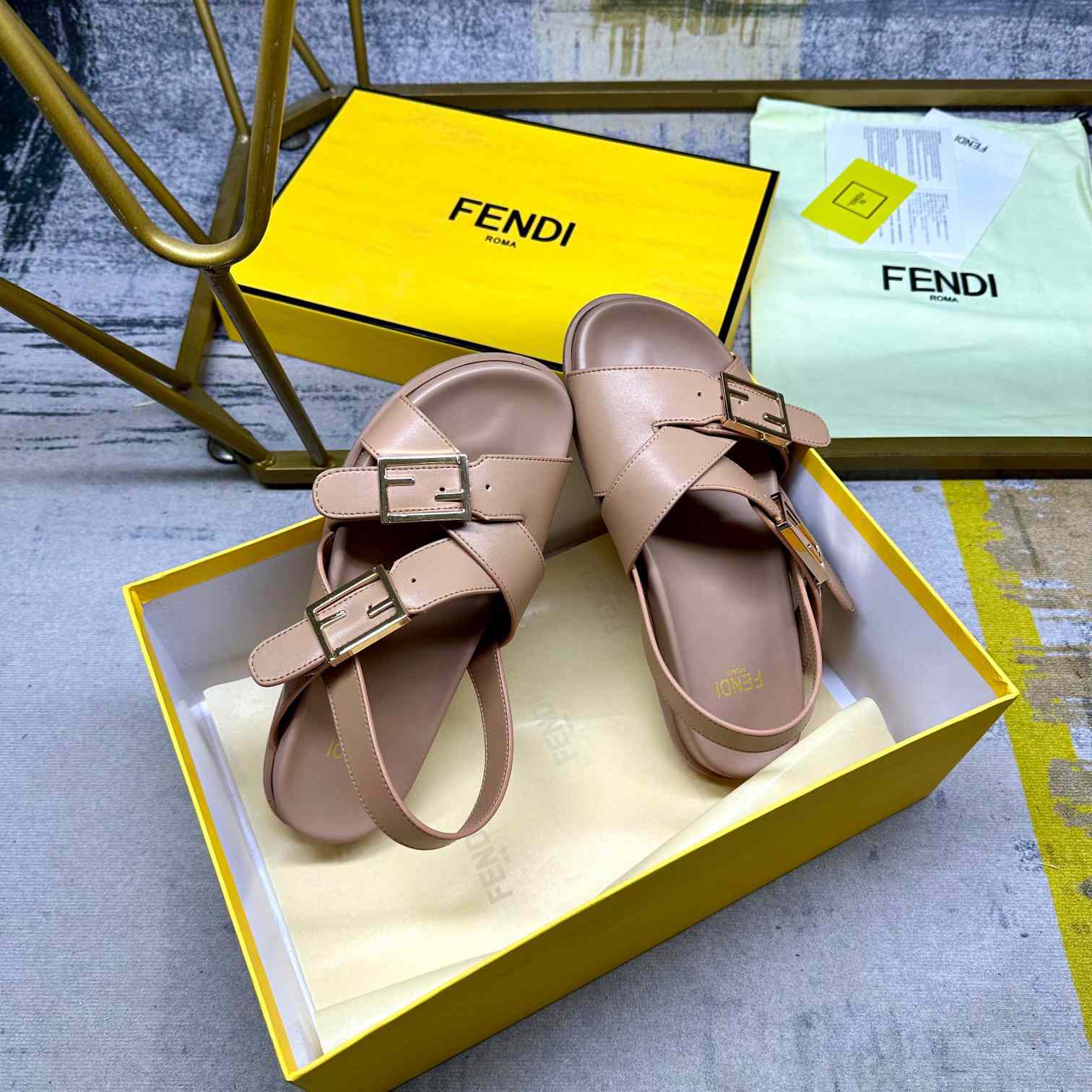 Fendi Feel Beige Leather Slides - DopestKickz