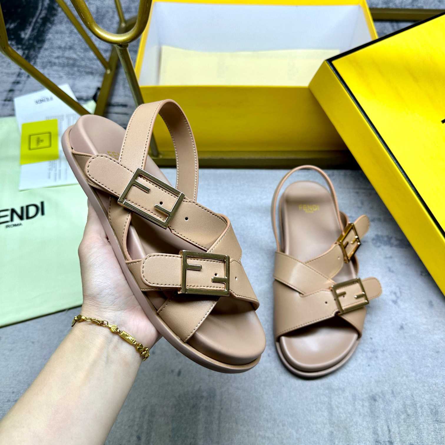 Fendi Feel Beige Leather Slides - DopestKickz