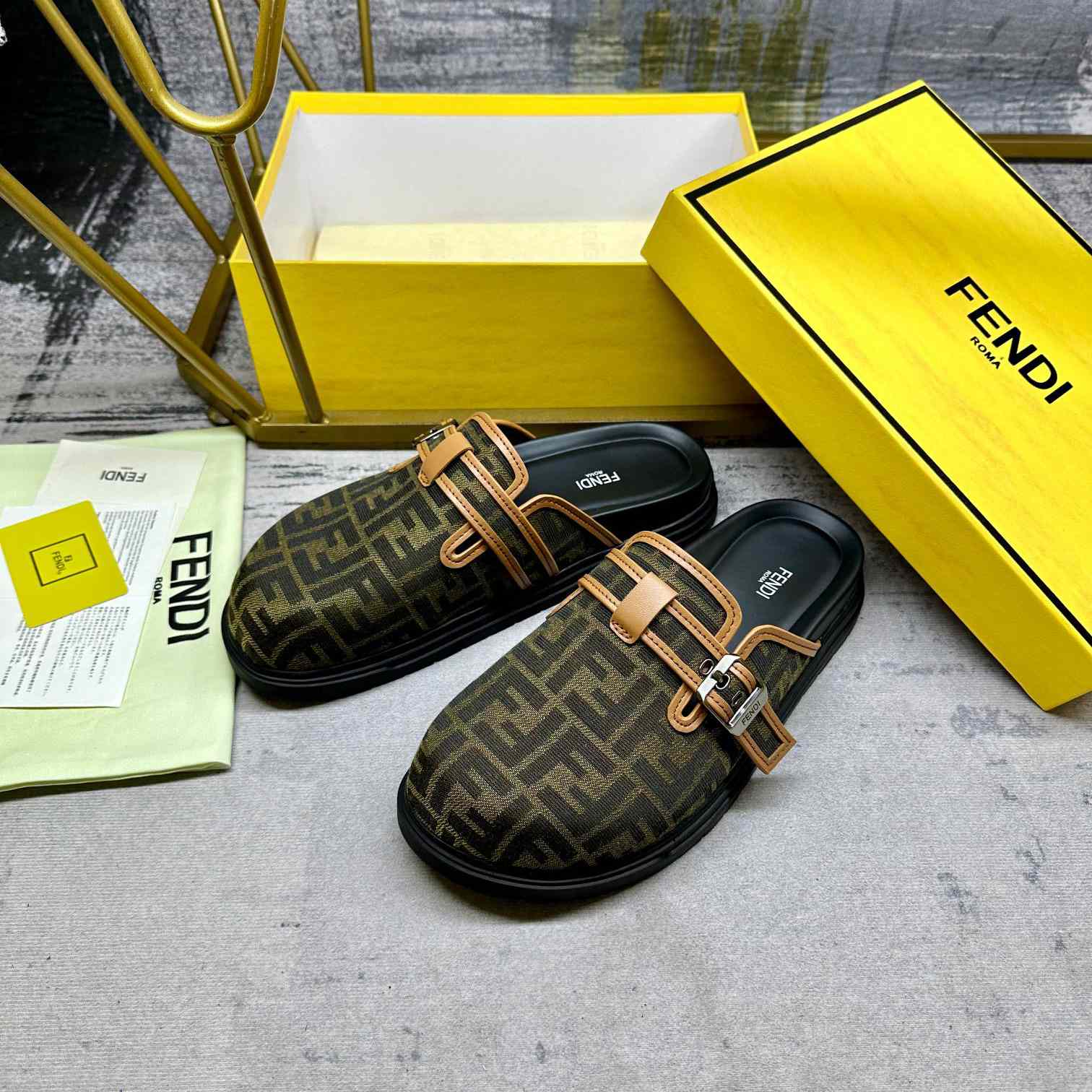 Fendi Feel Brown FF Jacquard Sandals - DopestKickz