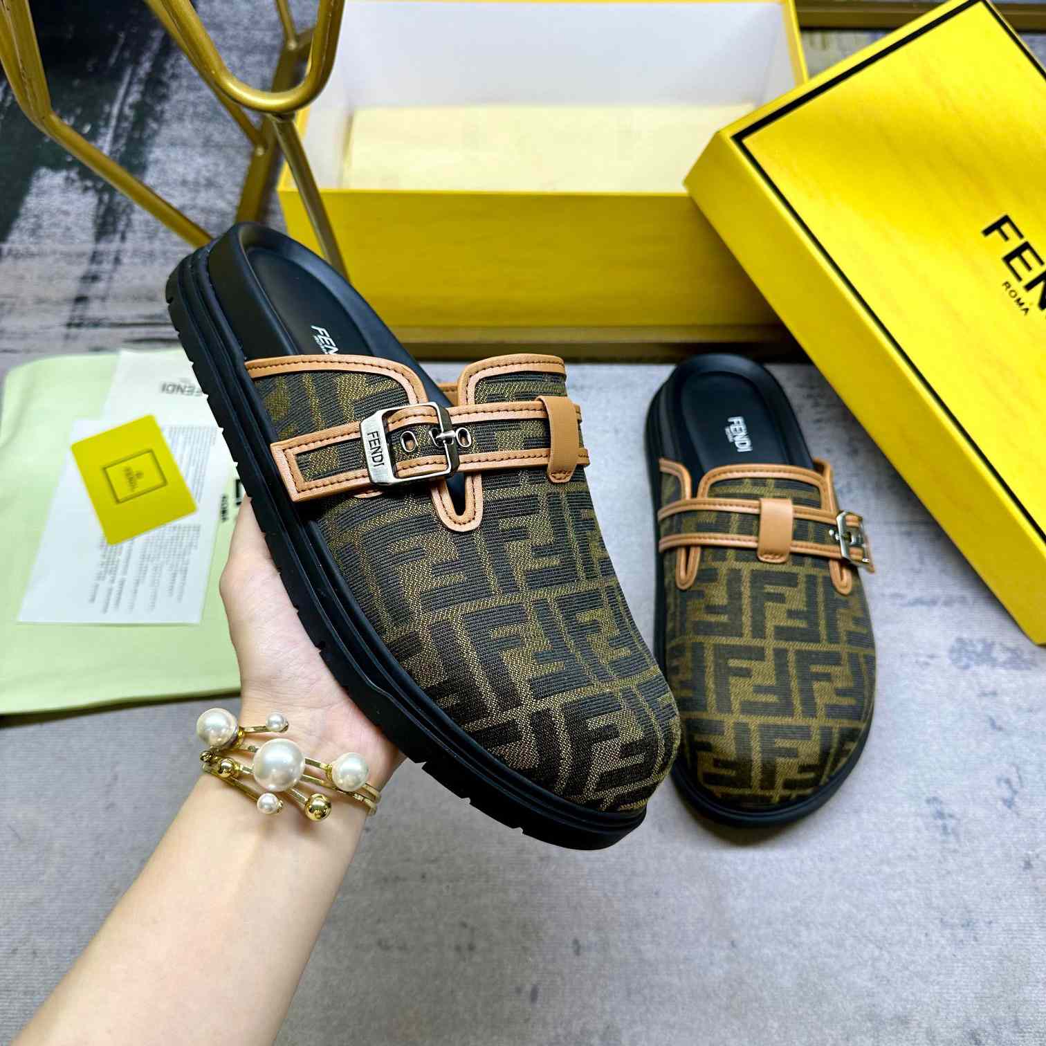 Fendi Feel Brown FF Jacquard Sandals - DopestKickz