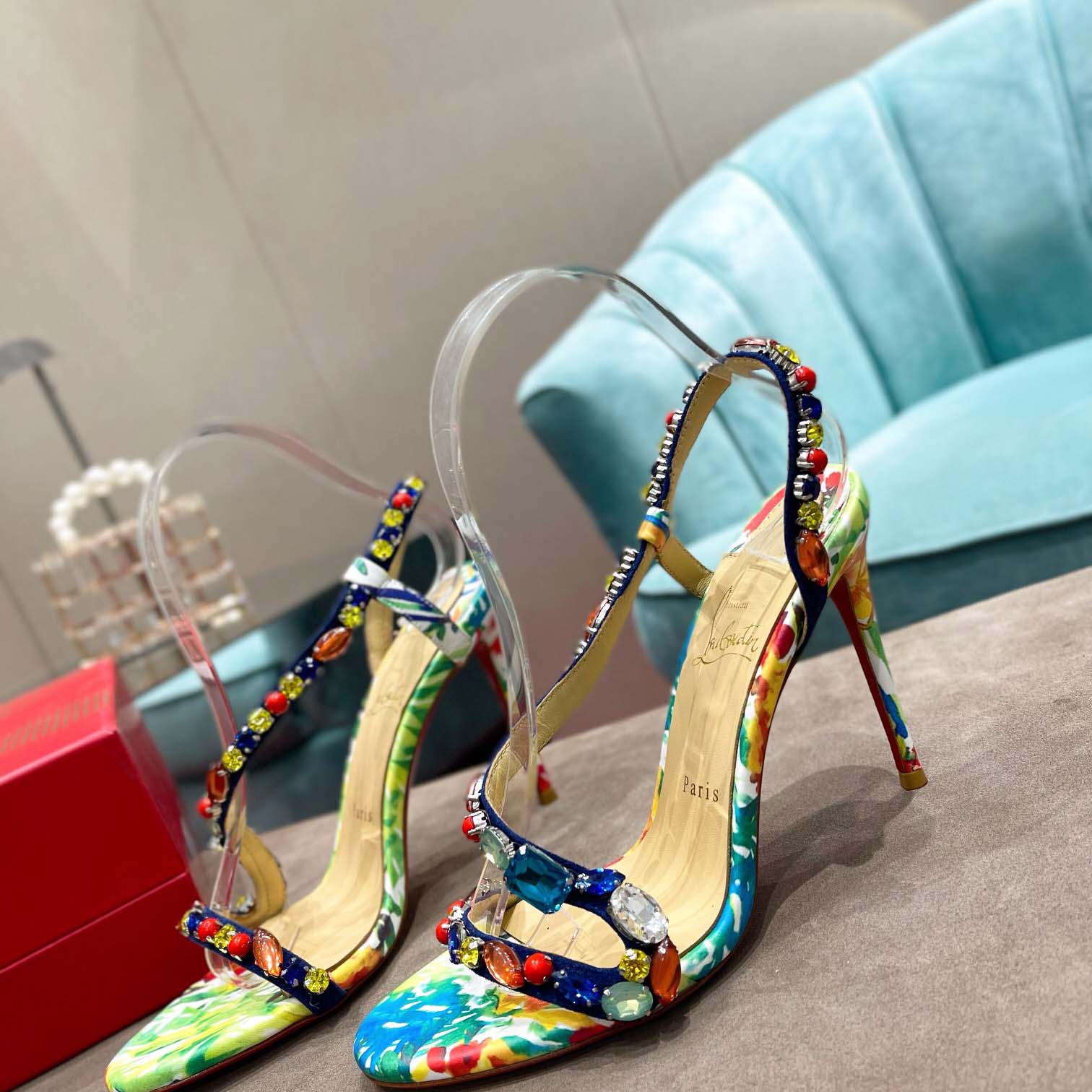 Christian Louboutin Satin Floral Print Slingback Sandals  10cm - DopestKickz