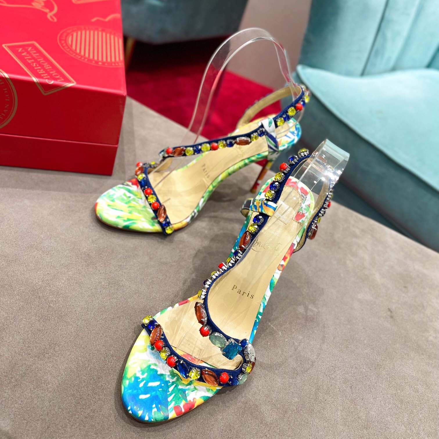 Christian Louboutin Satin Floral Print Slingback Sandals  10cm - DopestKickz