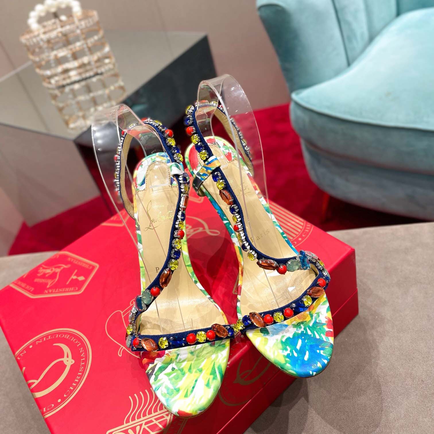 Christian Louboutin Satin Floral Print Slingback Sandals  10cm - DopestKickz
