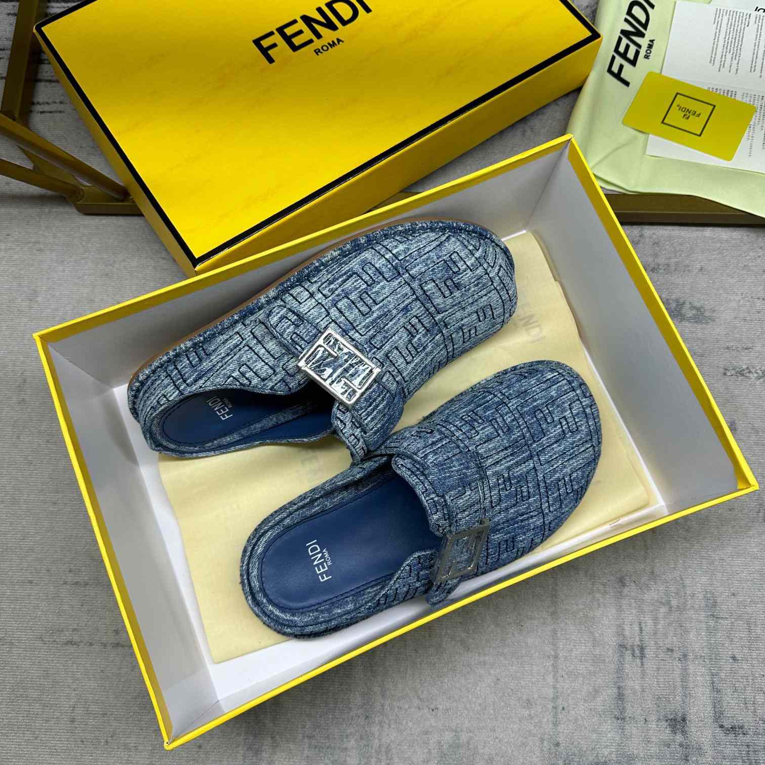 Fendi Feel Cotton Denim Logo Slip On Slide Clog Mule Flat - DopestKickz