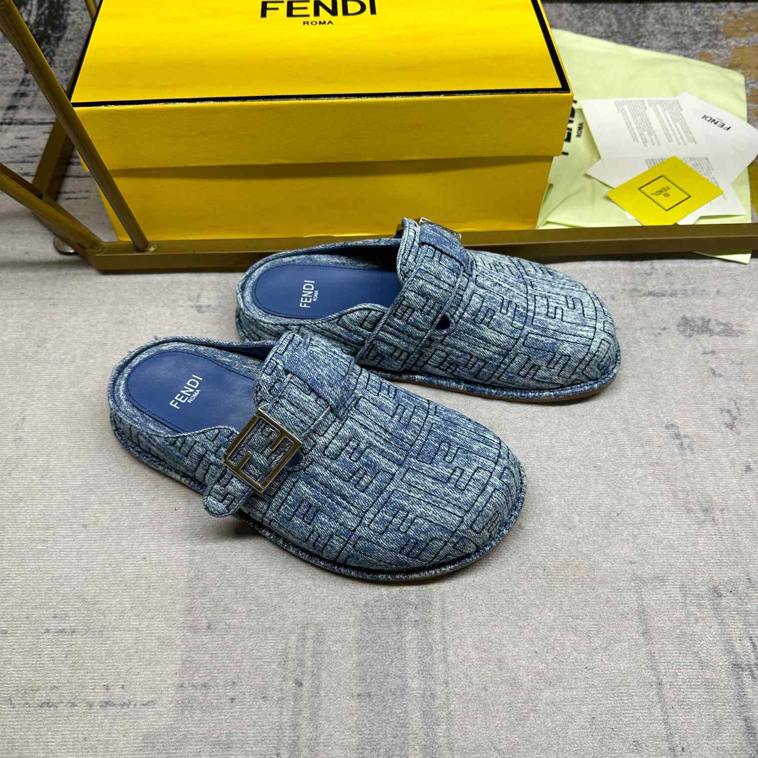Fendi Feel Cotton Denim Logo Slip On Slide Clog Mule Flat - DopestKickz