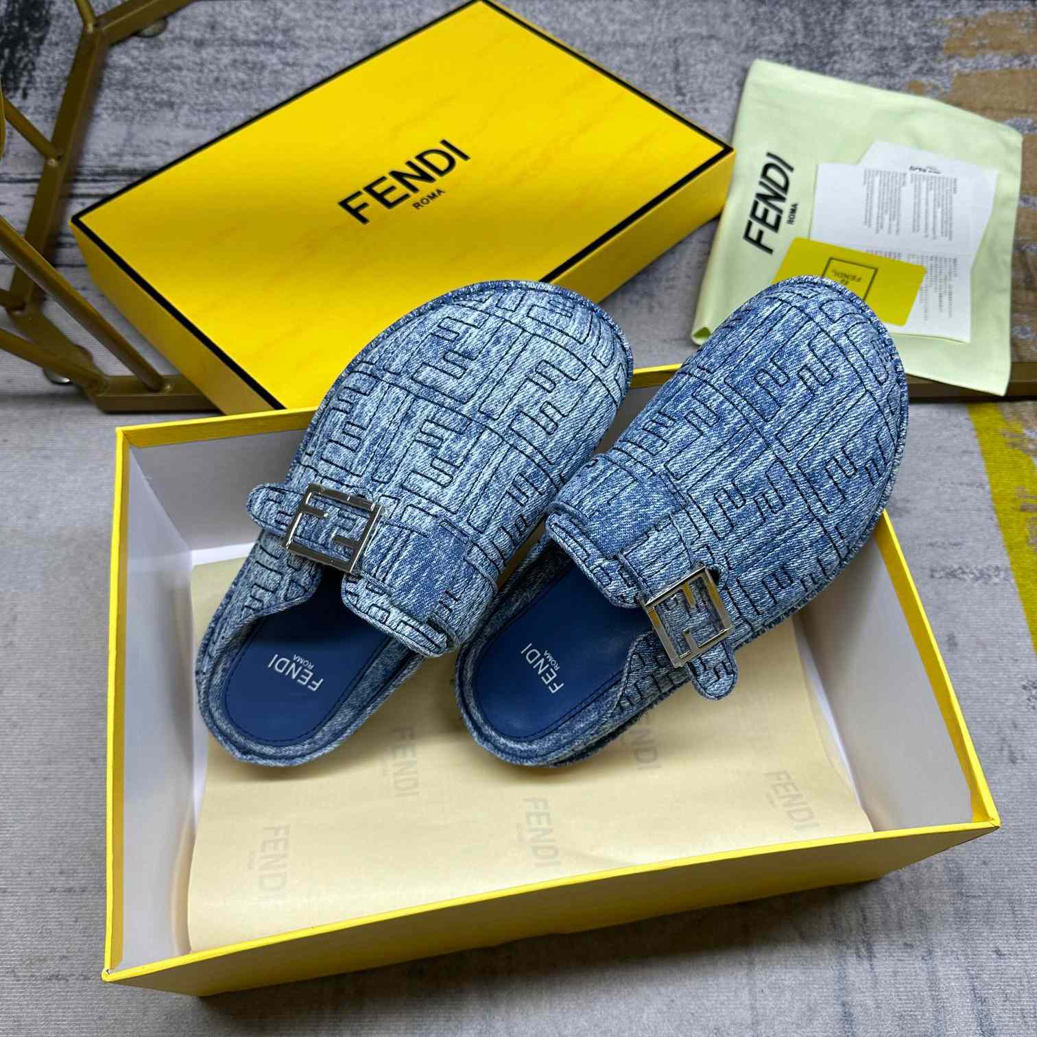 Fendi Feel Cotton Denim Logo Slip On Slide Clog Mule Flat - DopestKickz