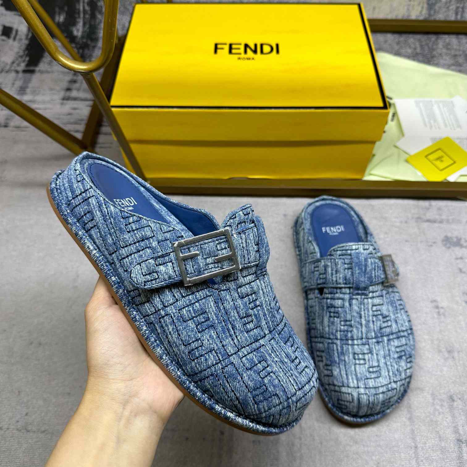 Fendi Feel Cotton Denim Logo Slip On Slide Clog Mule Flat - DopestKickz