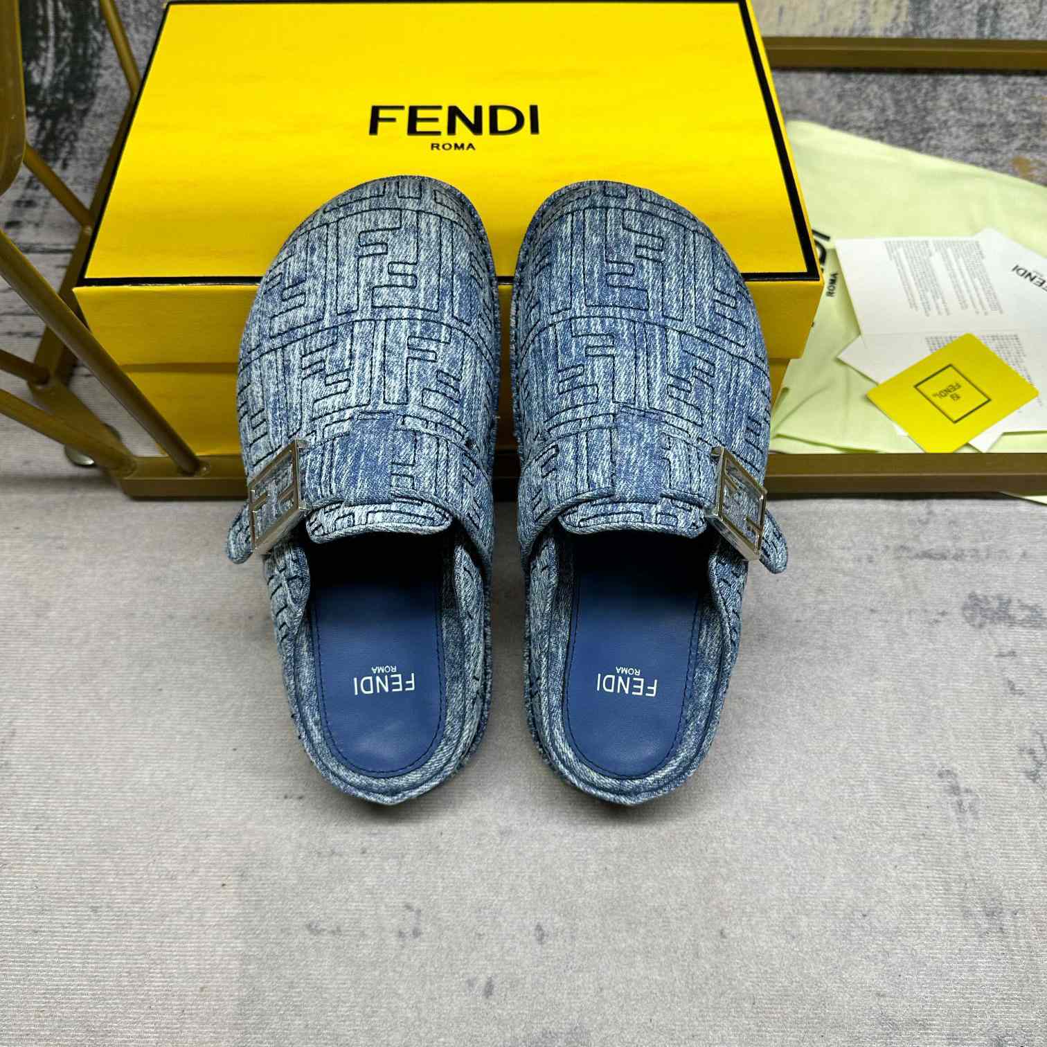 Fendi Feel Cotton Denim Logo Slip On Slide Clog Mule Flat - DopestKickz