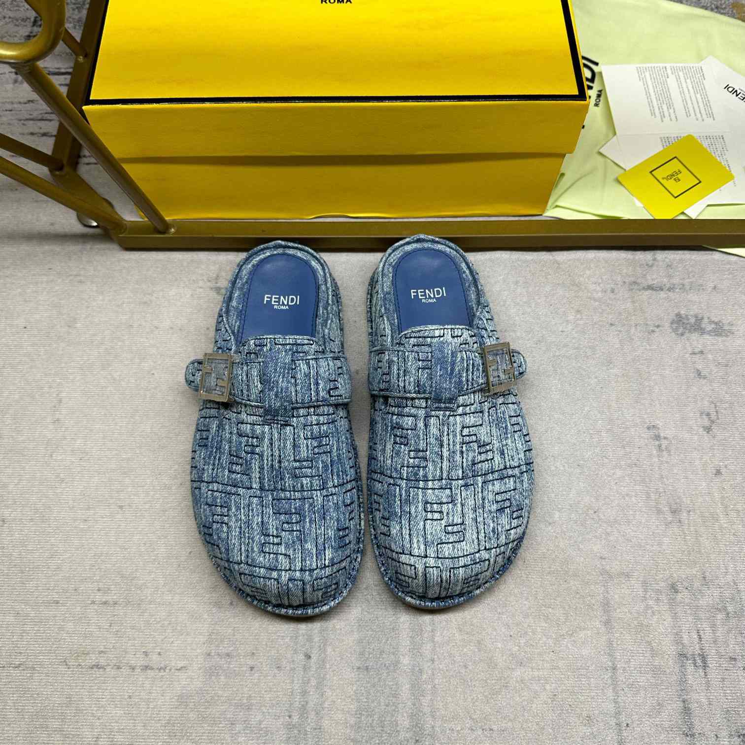 Fendi Feel Cotton Denim Logo Slip On Slide Clog Mule Flat - DopestKickz