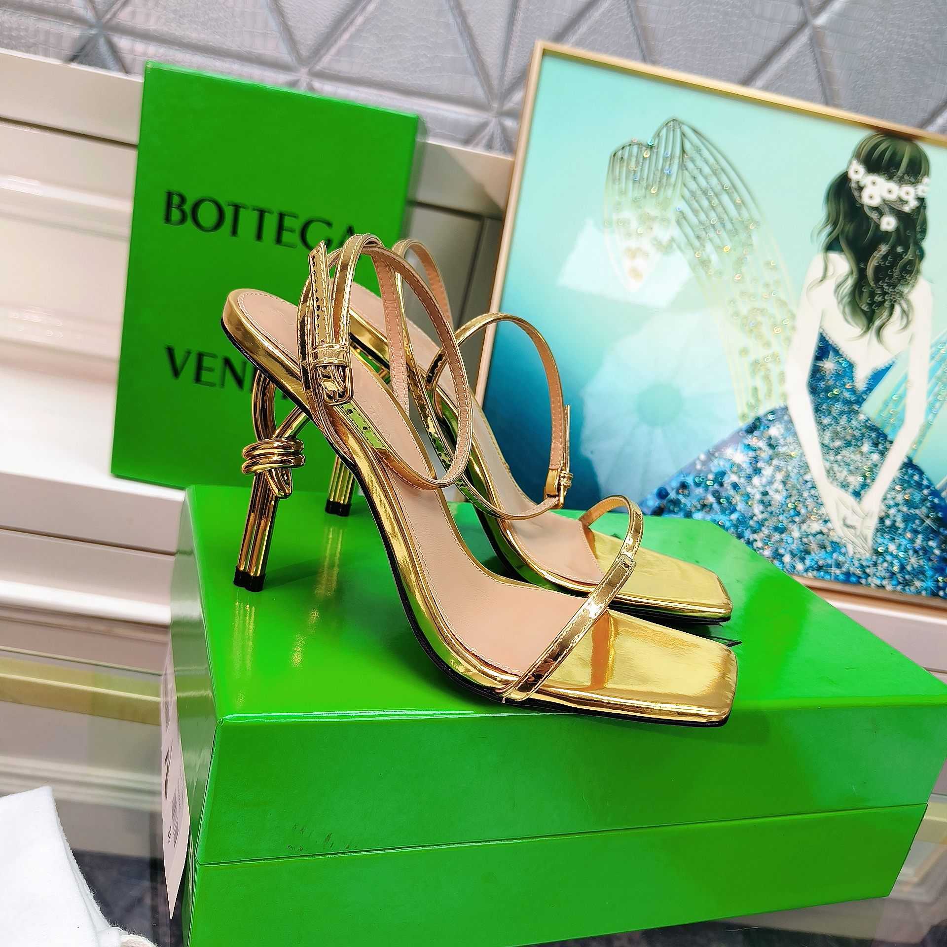 Bottega Veneta Gold Knot Gold Sandals Heels - DopestKickz