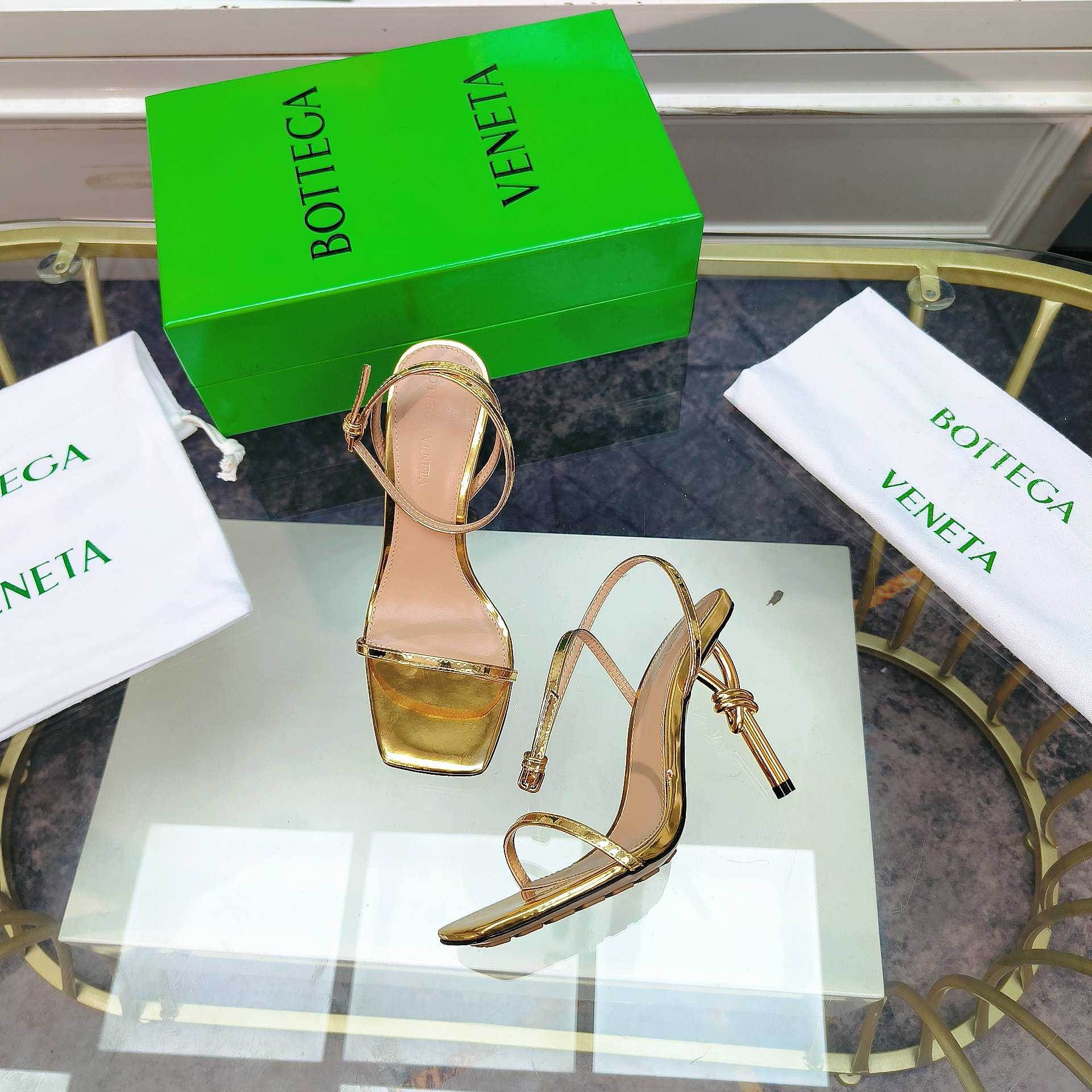 Bottega Veneta Gold Knot Gold Sandals Heels - DopestKickz
