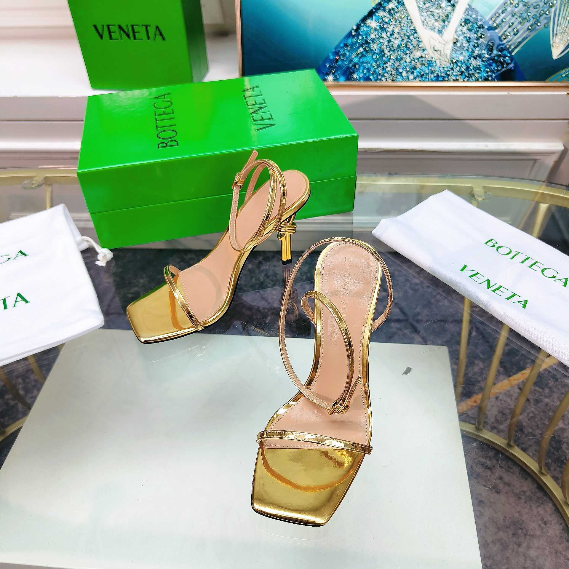 Bottega Veneta Gold Knot Gold Sandals Heels - DopestKickz