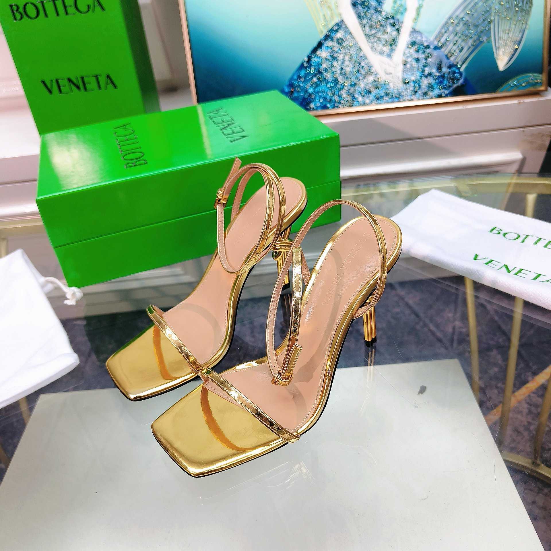 Bottega Veneta Gold Knot Gold Sandals Heels - DopestKickz