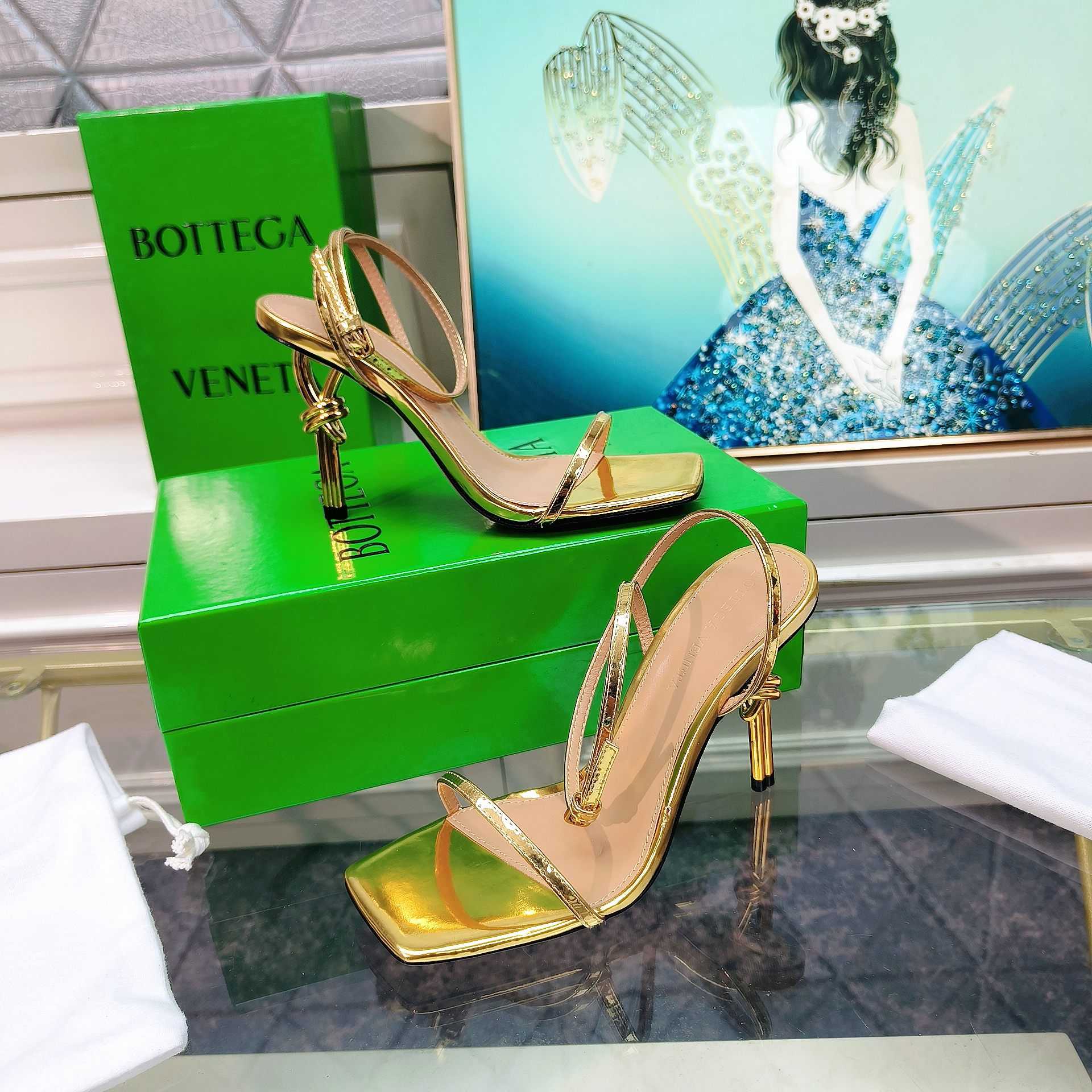Bottega Veneta Gold Knot Gold Sandals Heels - DopestKickz