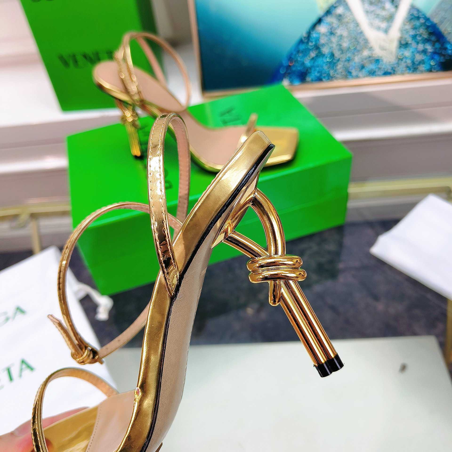 Bottega Veneta Gold Knot Gold Sandals Heels - DopestKickz