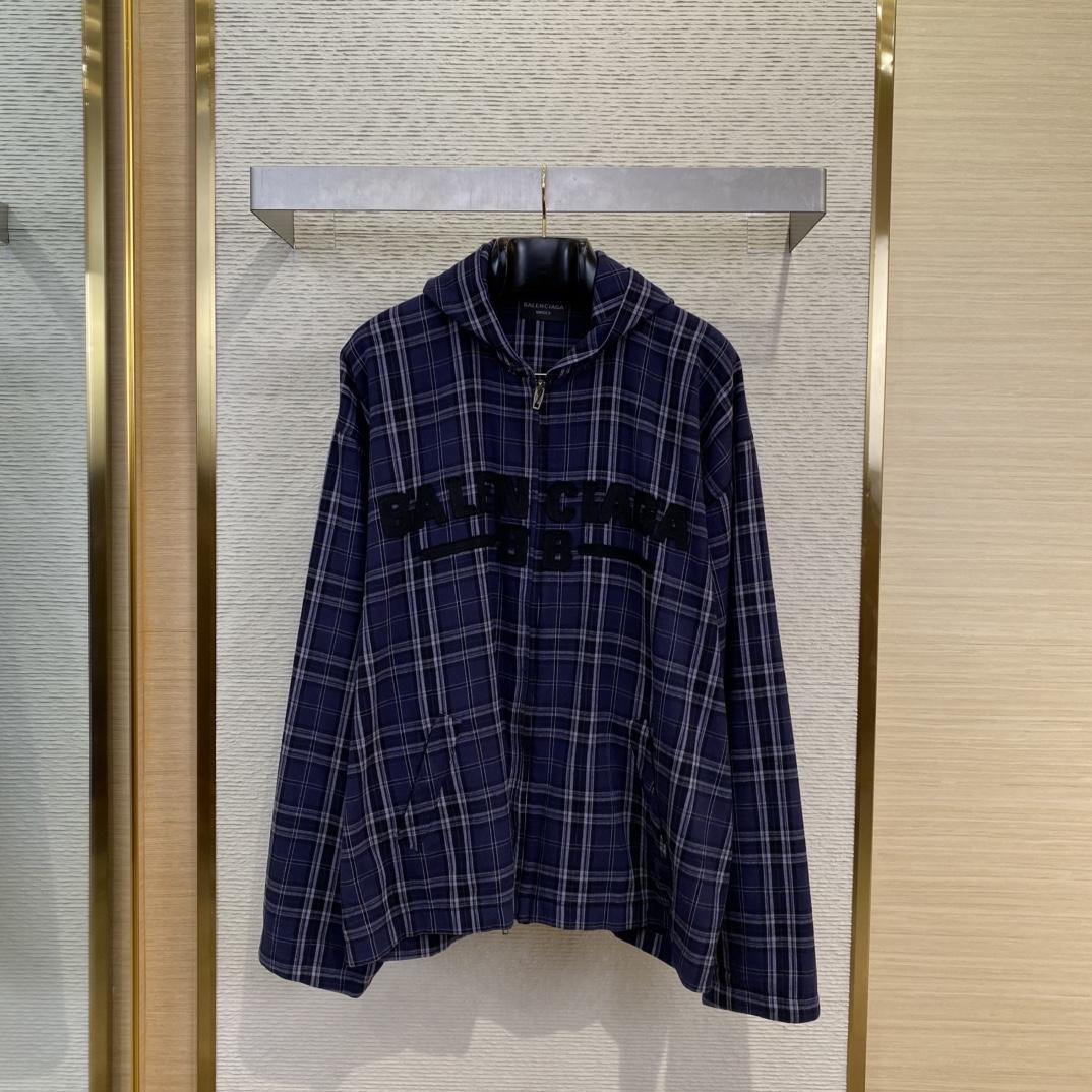 Balenciaga SS25 Logo Embroidered Hooded Check Jacket - DopestKickz