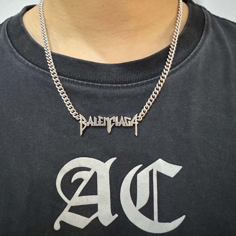 Balenciaga Typo Metal Necklace In Antique Silver Brass - DopestKickz