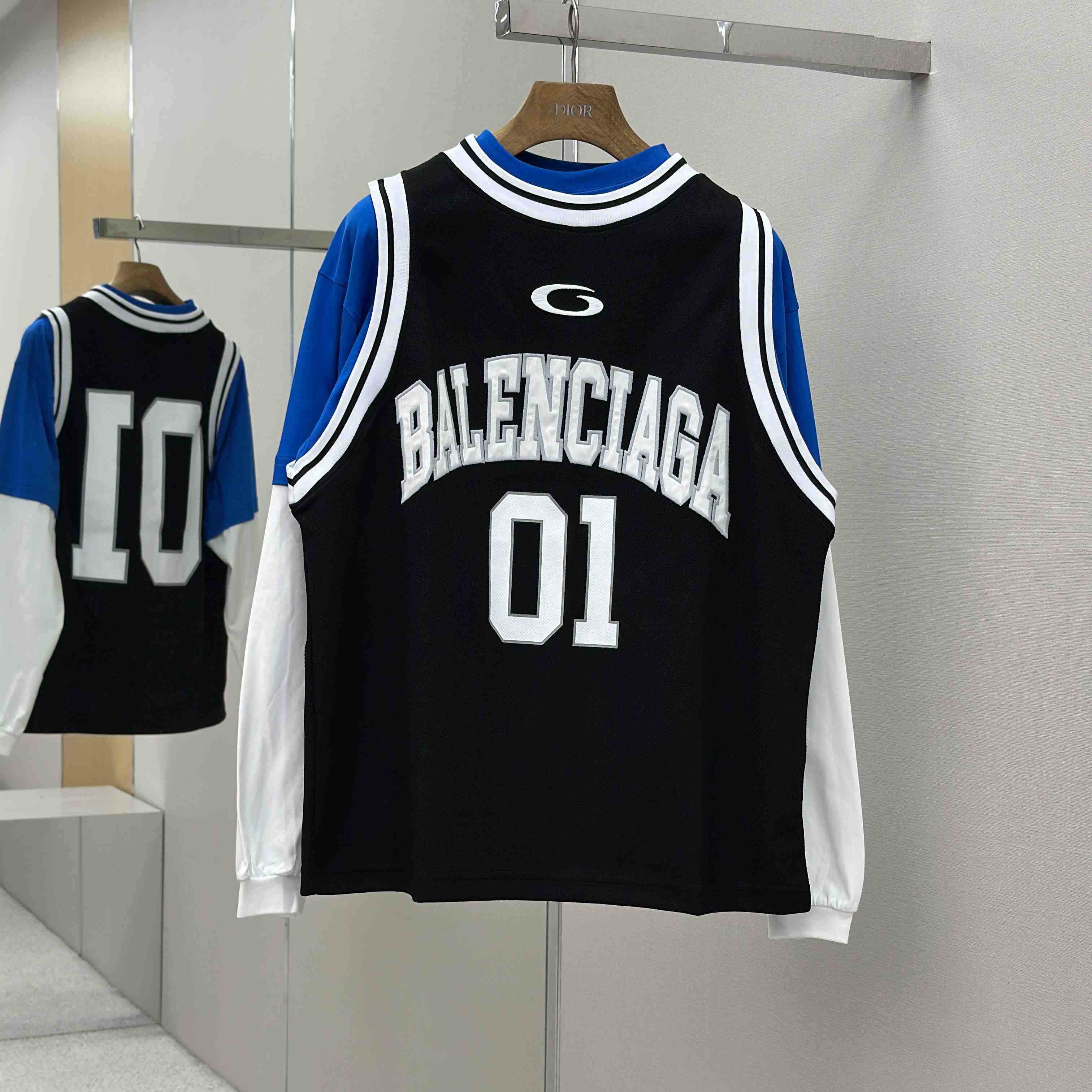 Balenciaga Basketball Series - Layered Long Sleeve T-Shirt In Black And White Sporty Mesh Jersey - DopestKickz