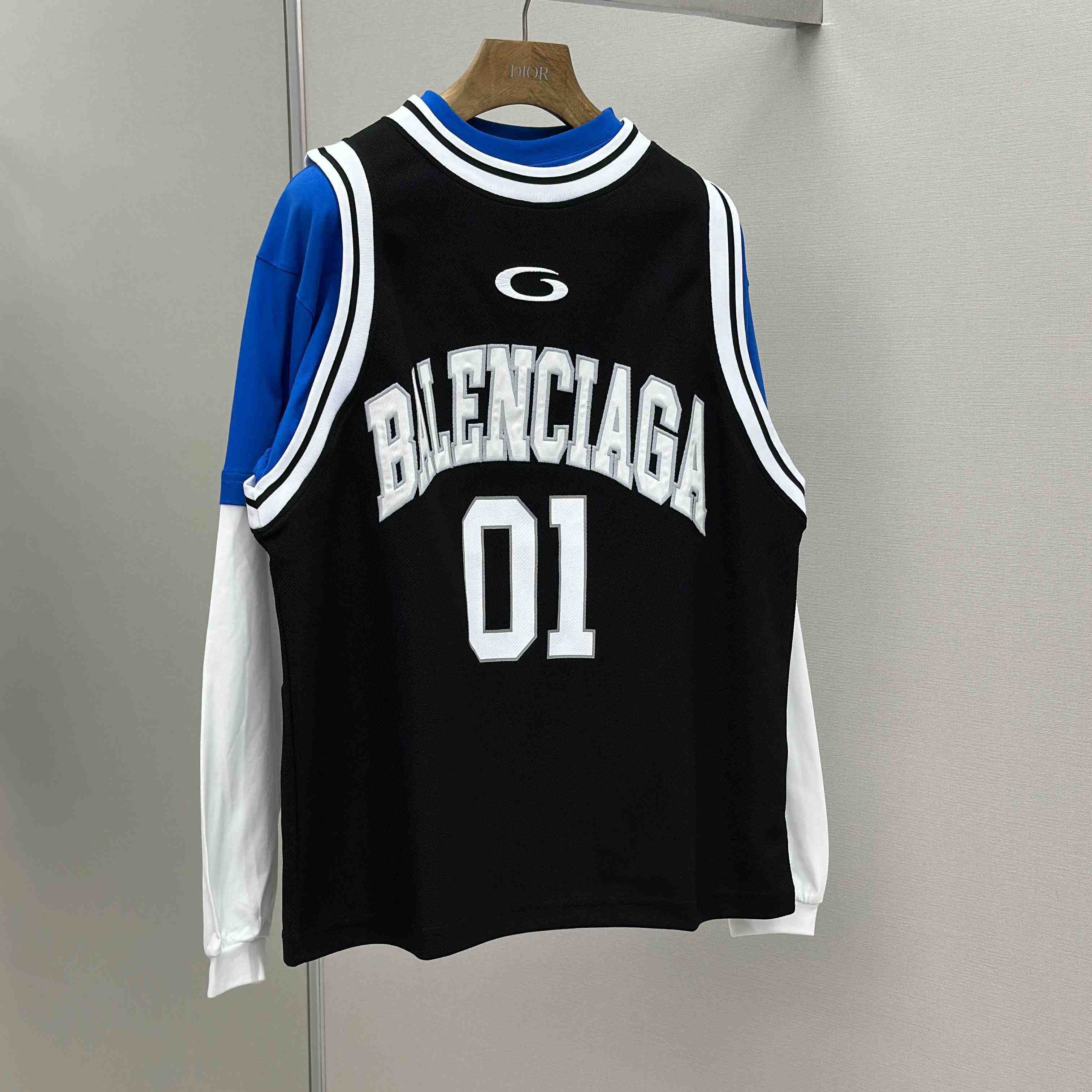 Balenciaga Basketball Series - Layered Long Sleeve T-Shirt In Black And White Sporty Mesh Jersey - DopestKickz