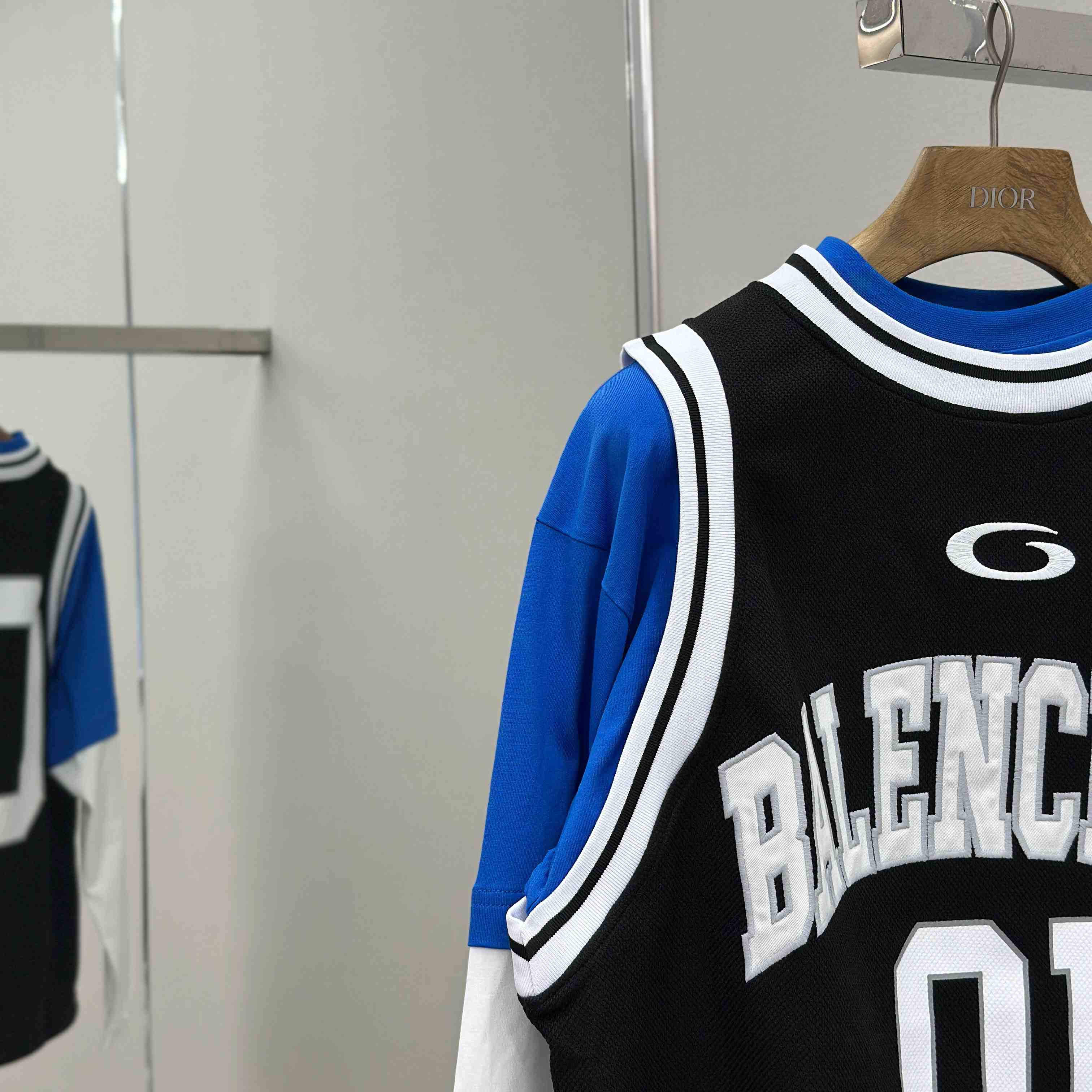 Balenciaga Basketball Series - Layered Long Sleeve T-Shirt In Black And White Sporty Mesh Jersey - DopestKickz