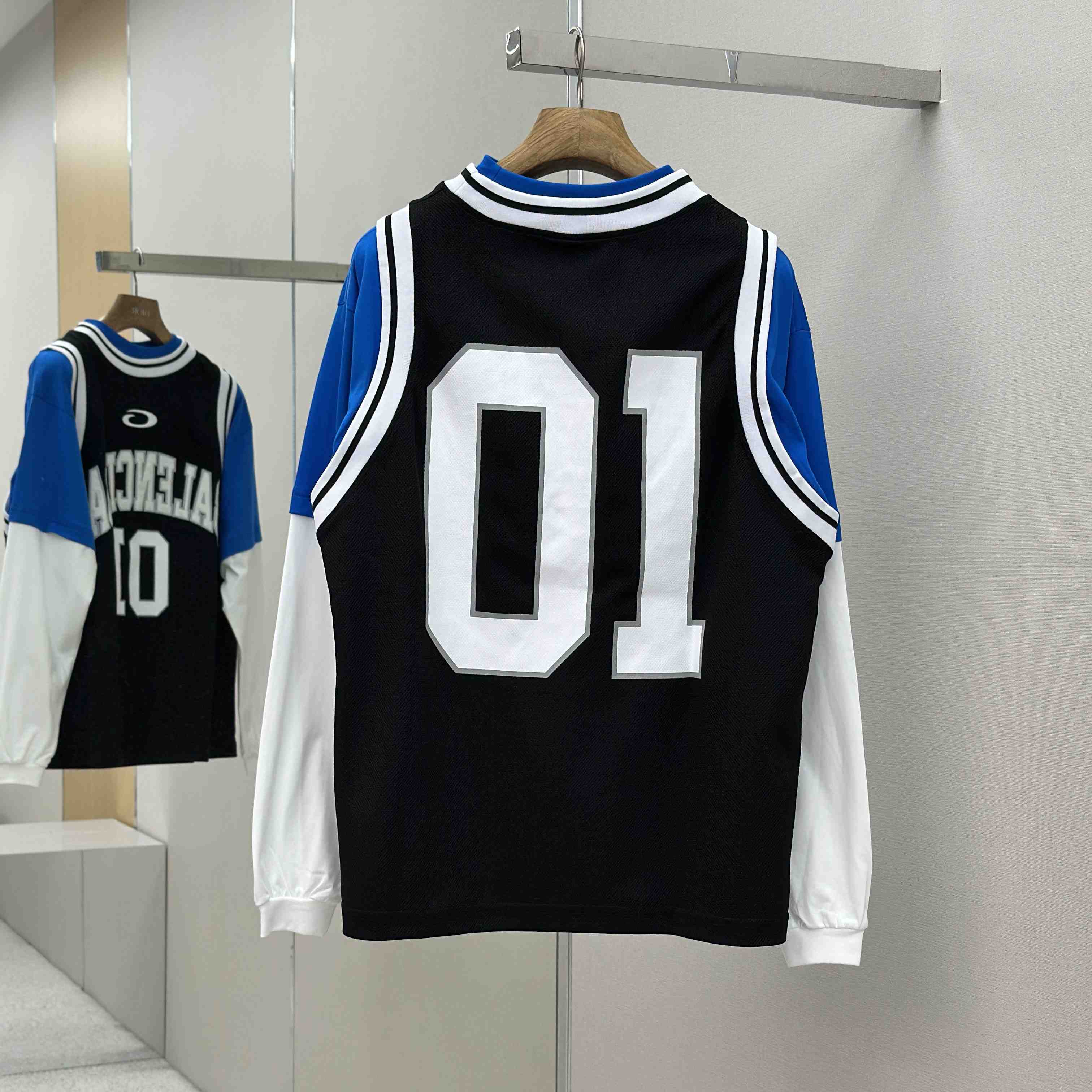 Balenciaga Basketball Series - Layered Long Sleeve T-Shirt In Black And White Sporty Mesh Jersey - DopestKickz