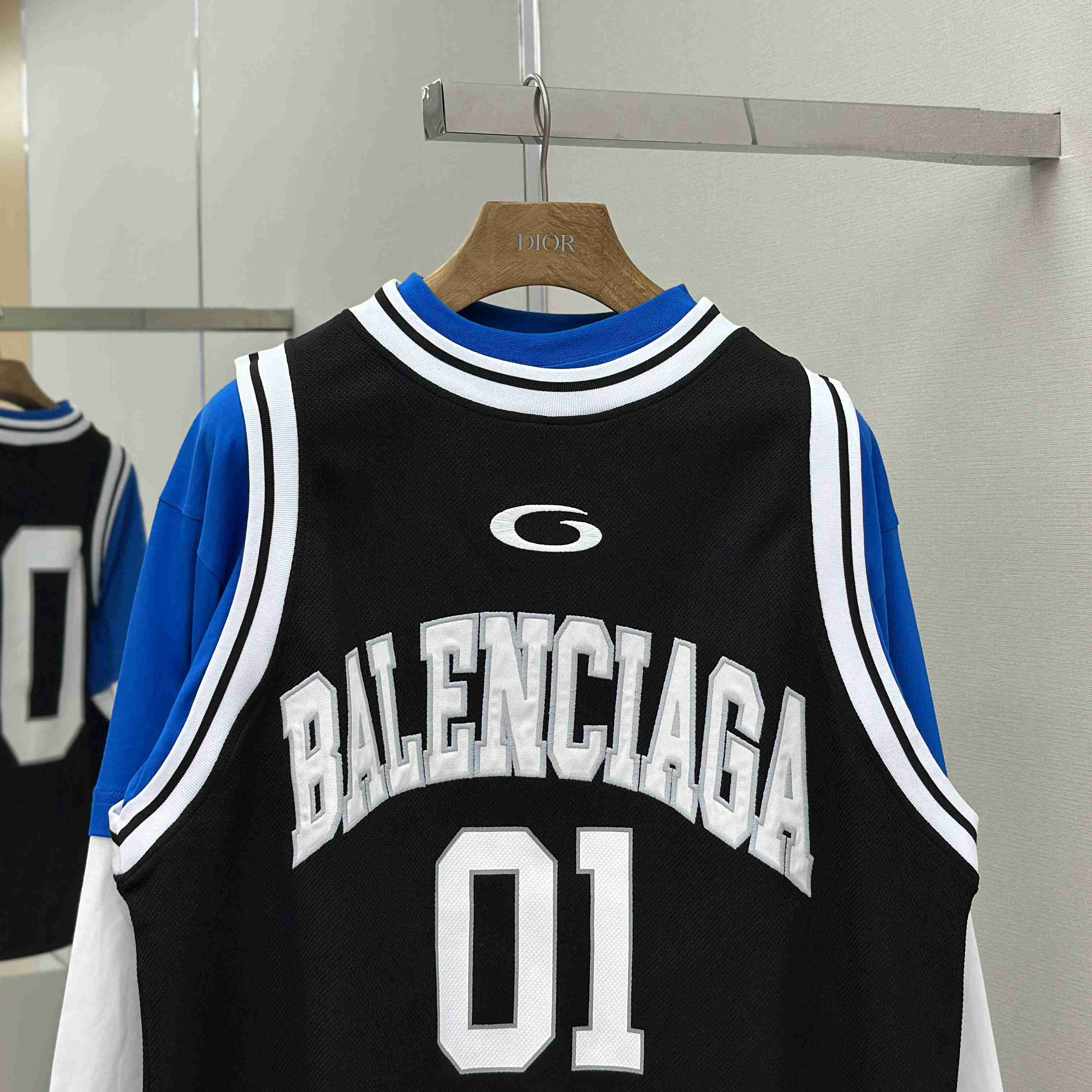 Balenciaga Basketball Series - Layered Long Sleeve T-Shirt In Black And White Sporty Mesh Jersey - DopestKickz