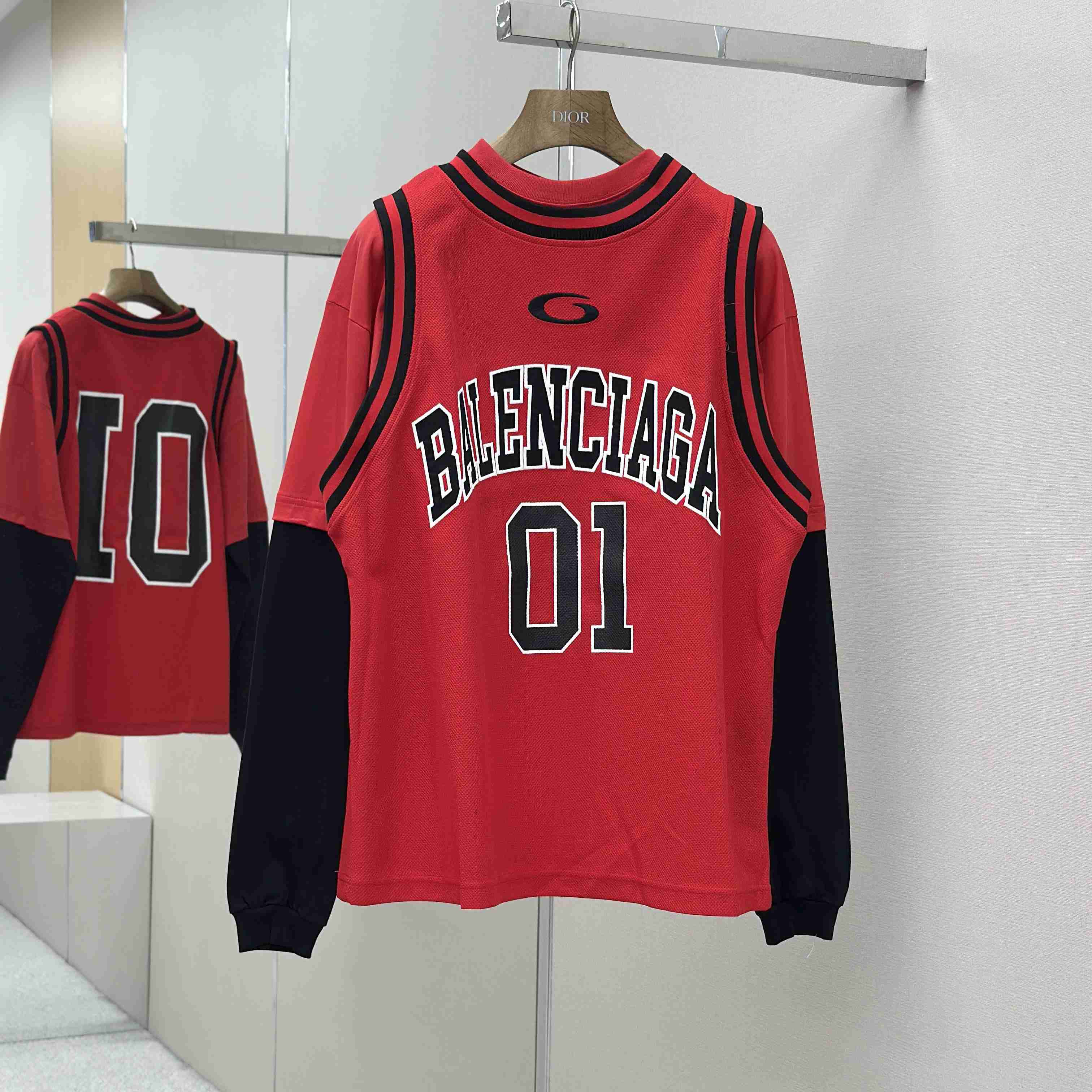 Balenciaga Basketball Series - Layered Long Sleeve T-Shirt In Red And Black Sporty Mesh Jersey - DopestKickz