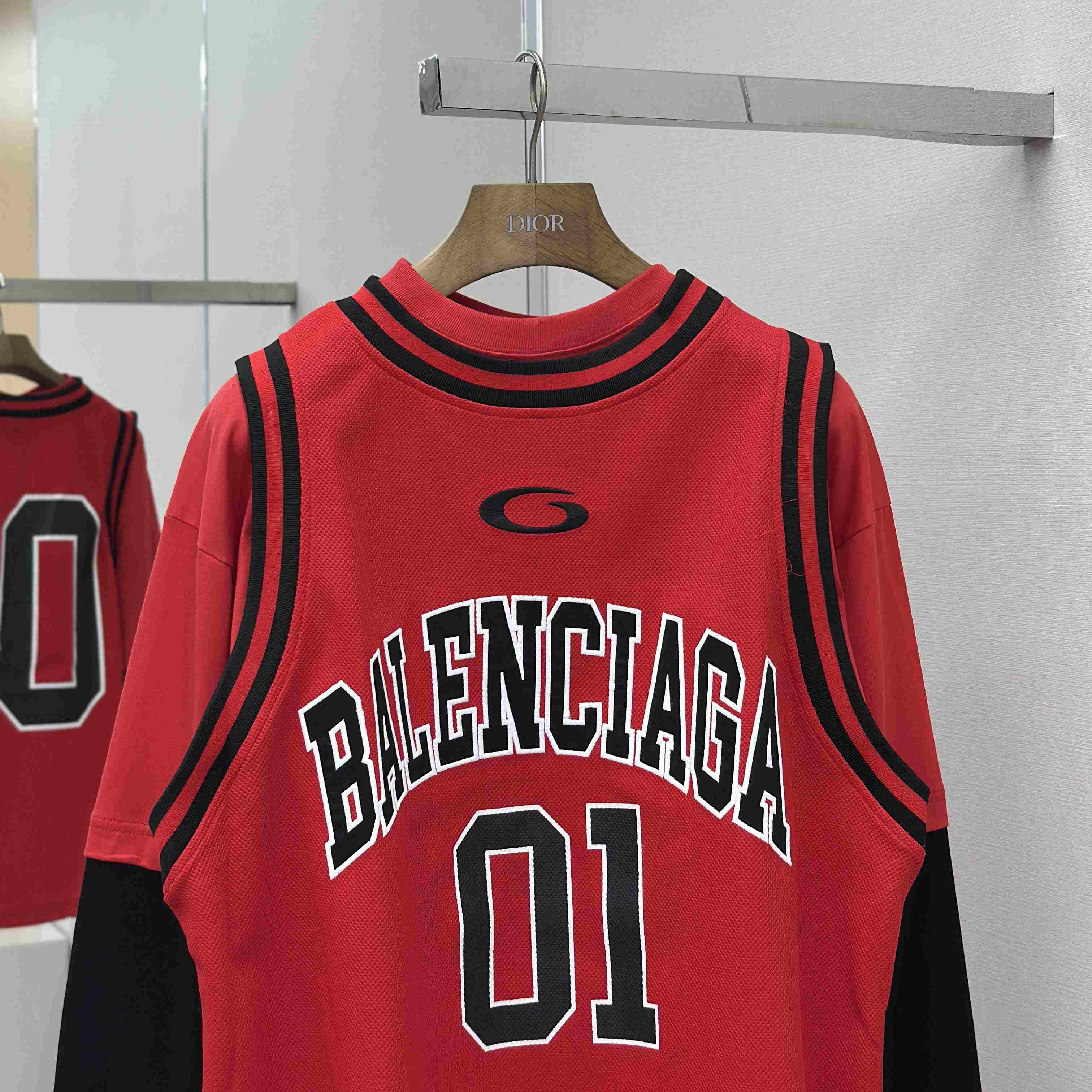 Balenciaga Basketball Series - Layered Long Sleeve T-Shirt In Red And Black Sporty Mesh Jersey - DopestKickz