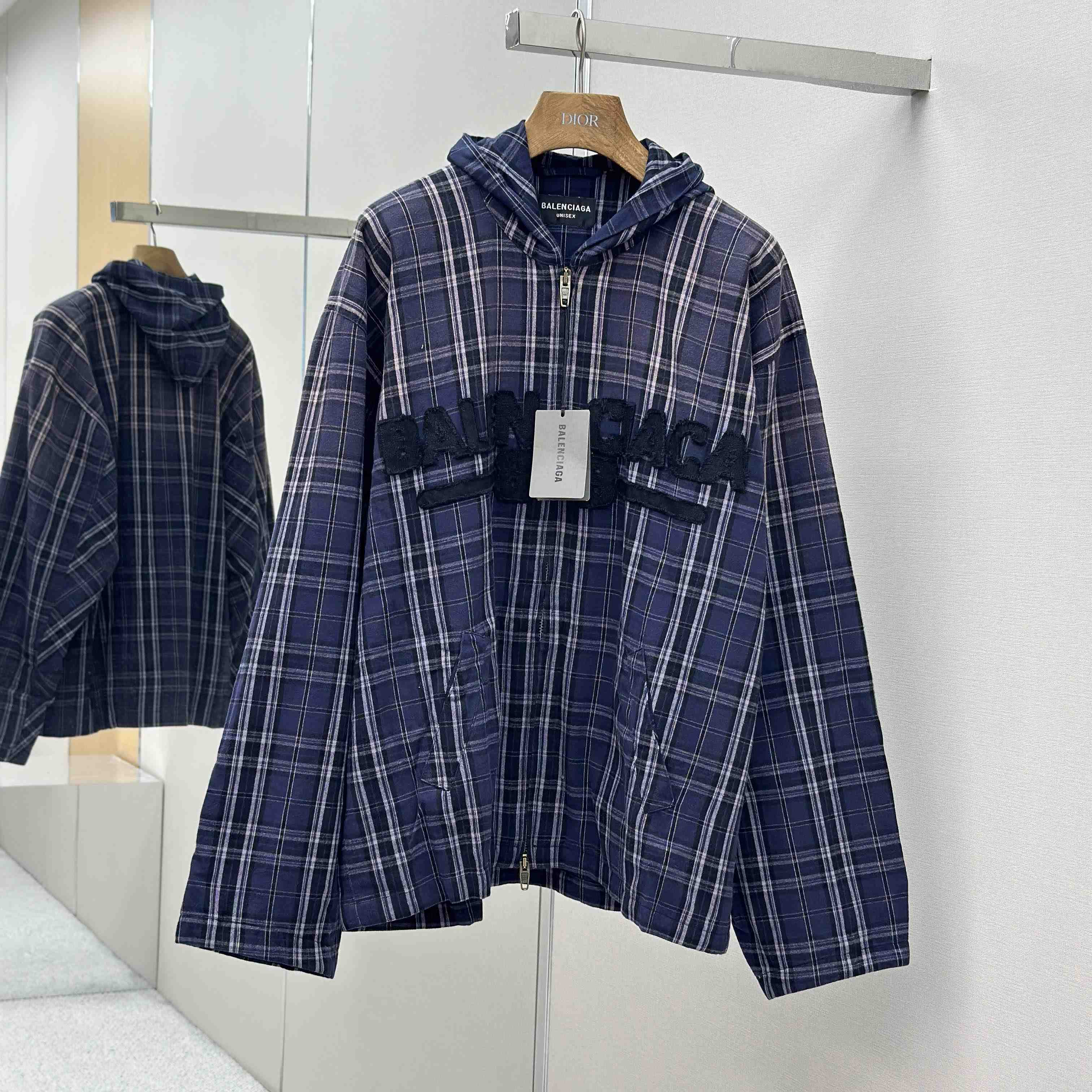 Balenciaga Logo Embroidered Hooded Check Jacket - DopestKickz