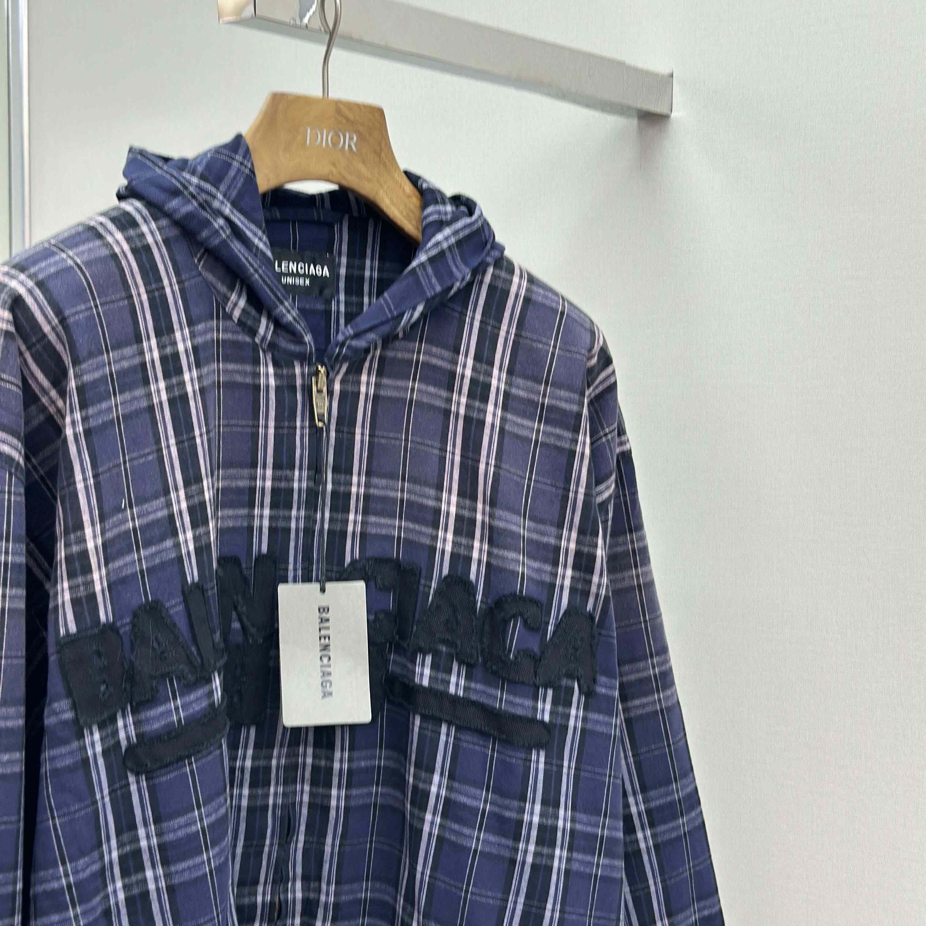 Balenciaga Logo Embroidered Hooded Check Jacket - DopestKickz