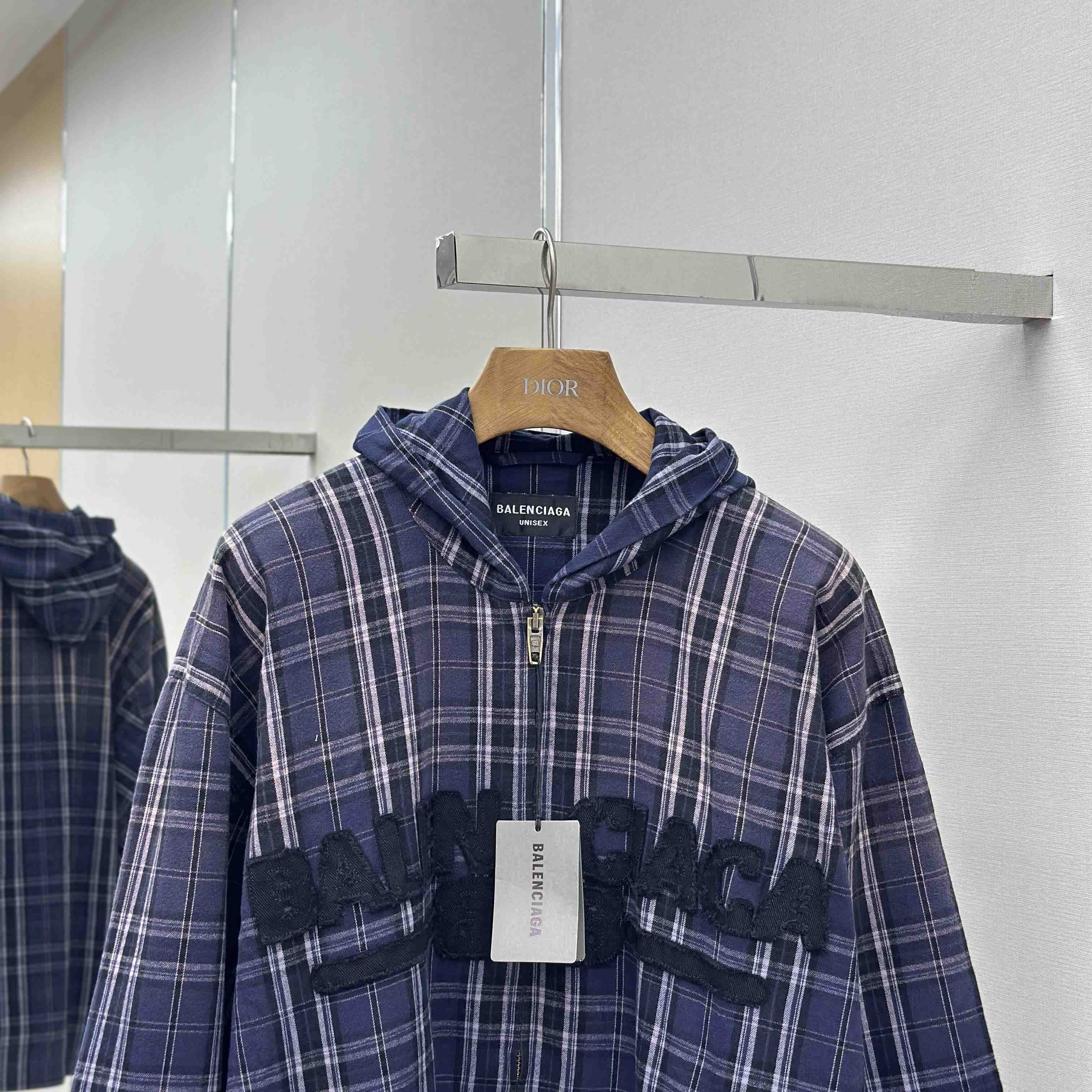 Balenciaga Logo Embroidered Hooded Check Jacket - DopestKickz