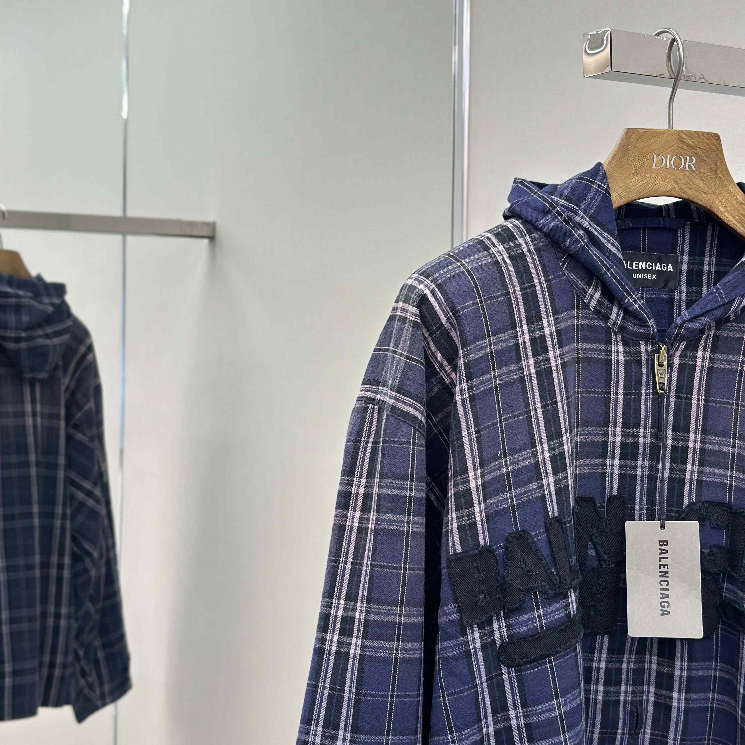 Balenciaga Logo Embroidered Hooded Check Jacket - DopestKickz