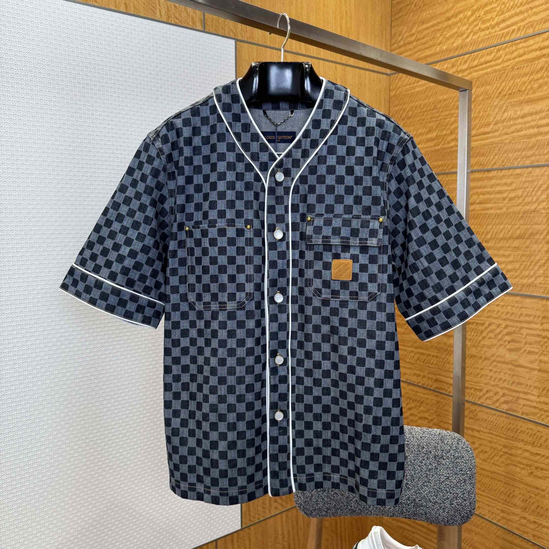Louis Vuitton Damier Denim Baseball Shirt   1AIMJH - DopestKickz