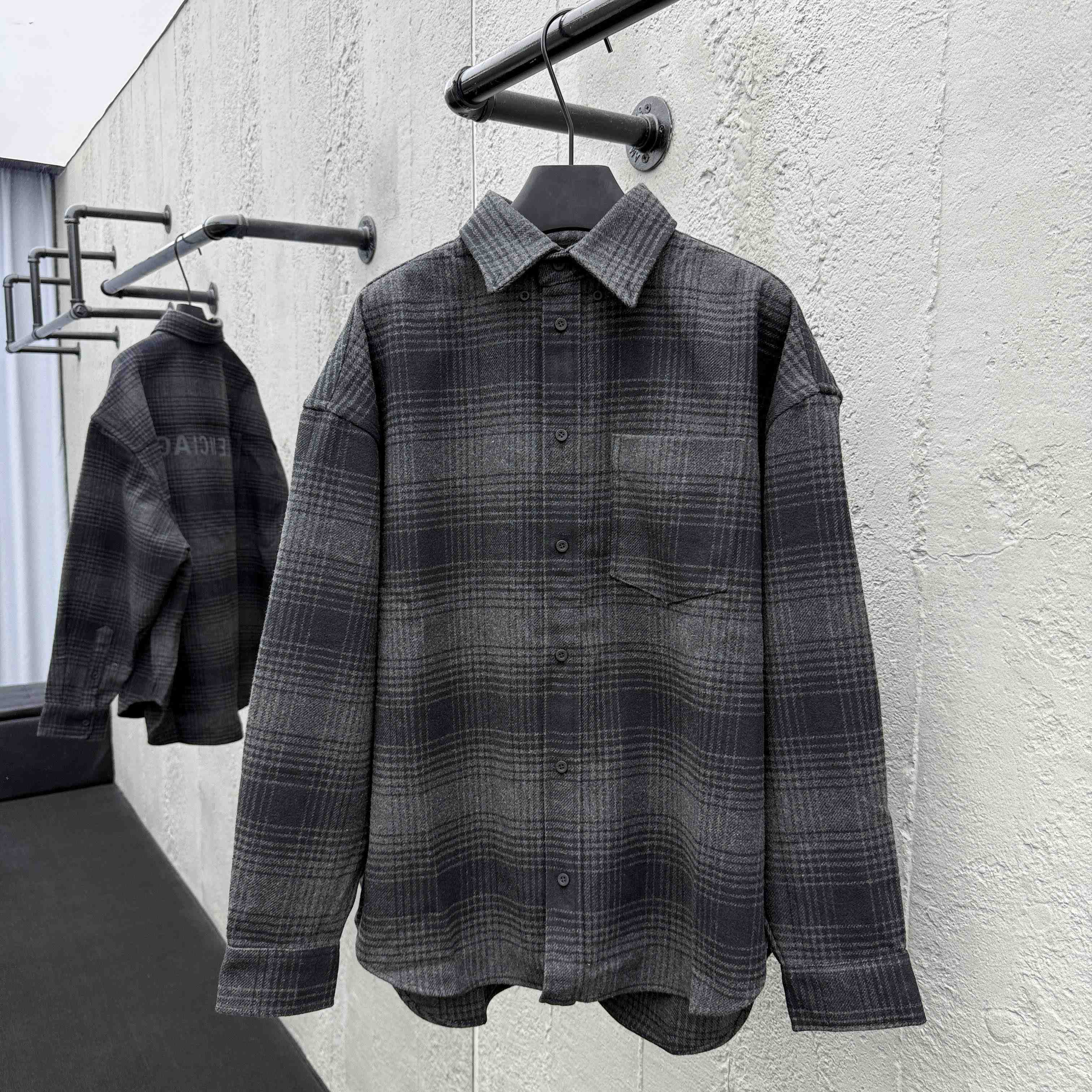 Balenciaga Oversized Shirt In Grey And Black Mix Wool Flannel - DopestKickz