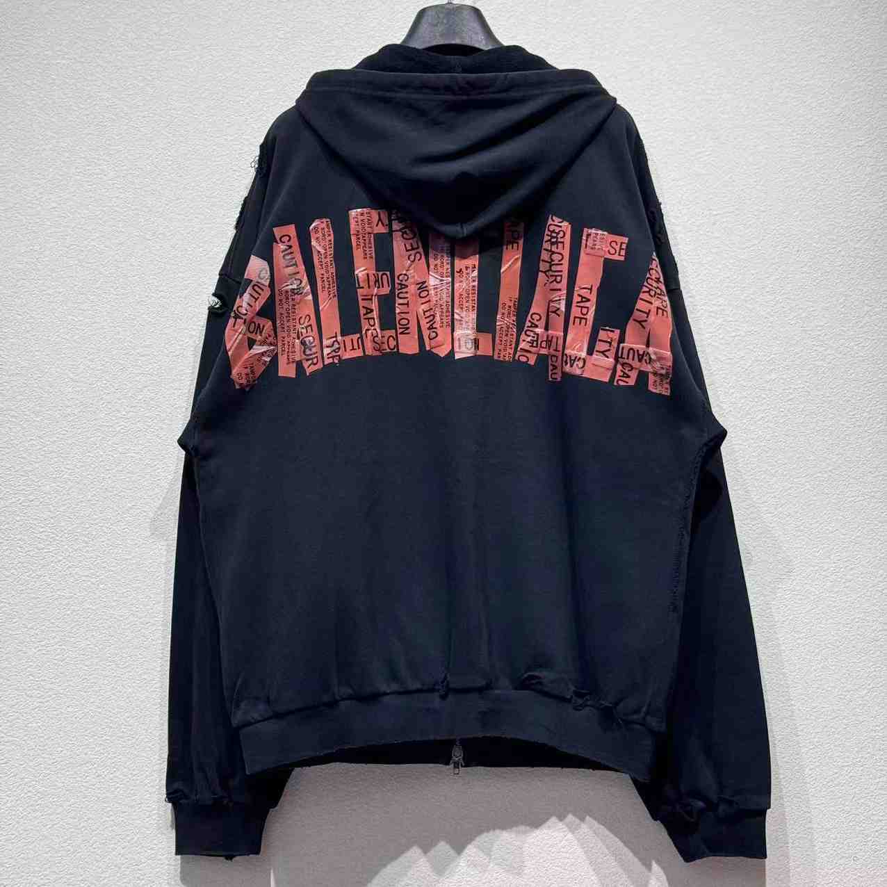 Balenciaga Security Tape Logo Large Zip-Up Hoodie In Faded Washed Black And Red Dry Fleece - DopestKickz