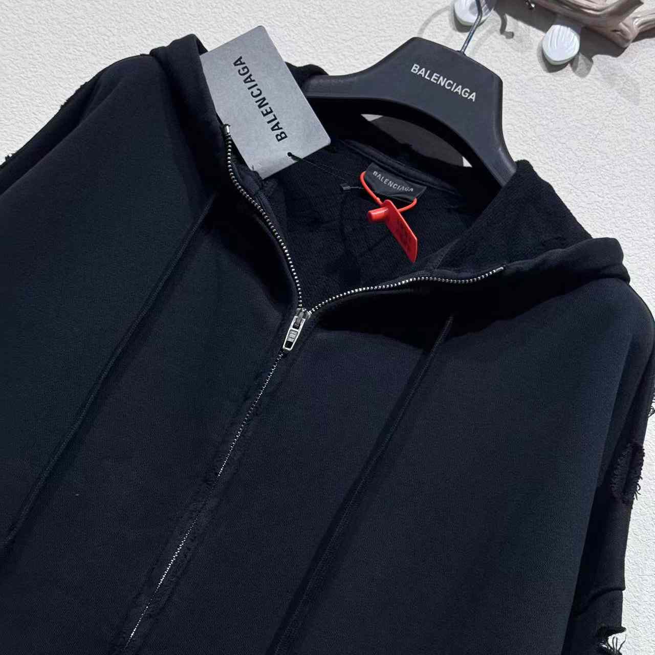 Balenciaga Security Tape Logo Large Zip-Up Hoodie In Faded Washed Black And Red Dry Fleece - DopestKickz