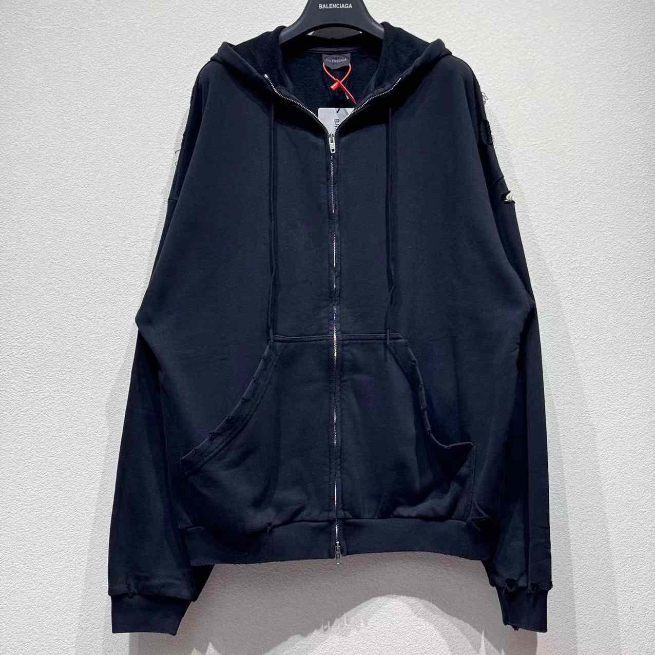 Balenciaga Security Tape Logo Large Zip-Up Hoodie In Faded Washed Black And Red Dry Fleece - DopestKickz