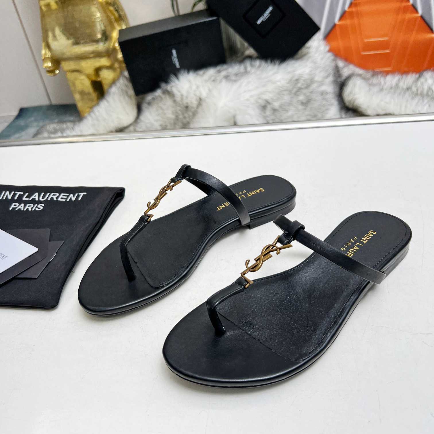 Saint Laurent Cassandra Leather Flip Flops  - DopestKickz