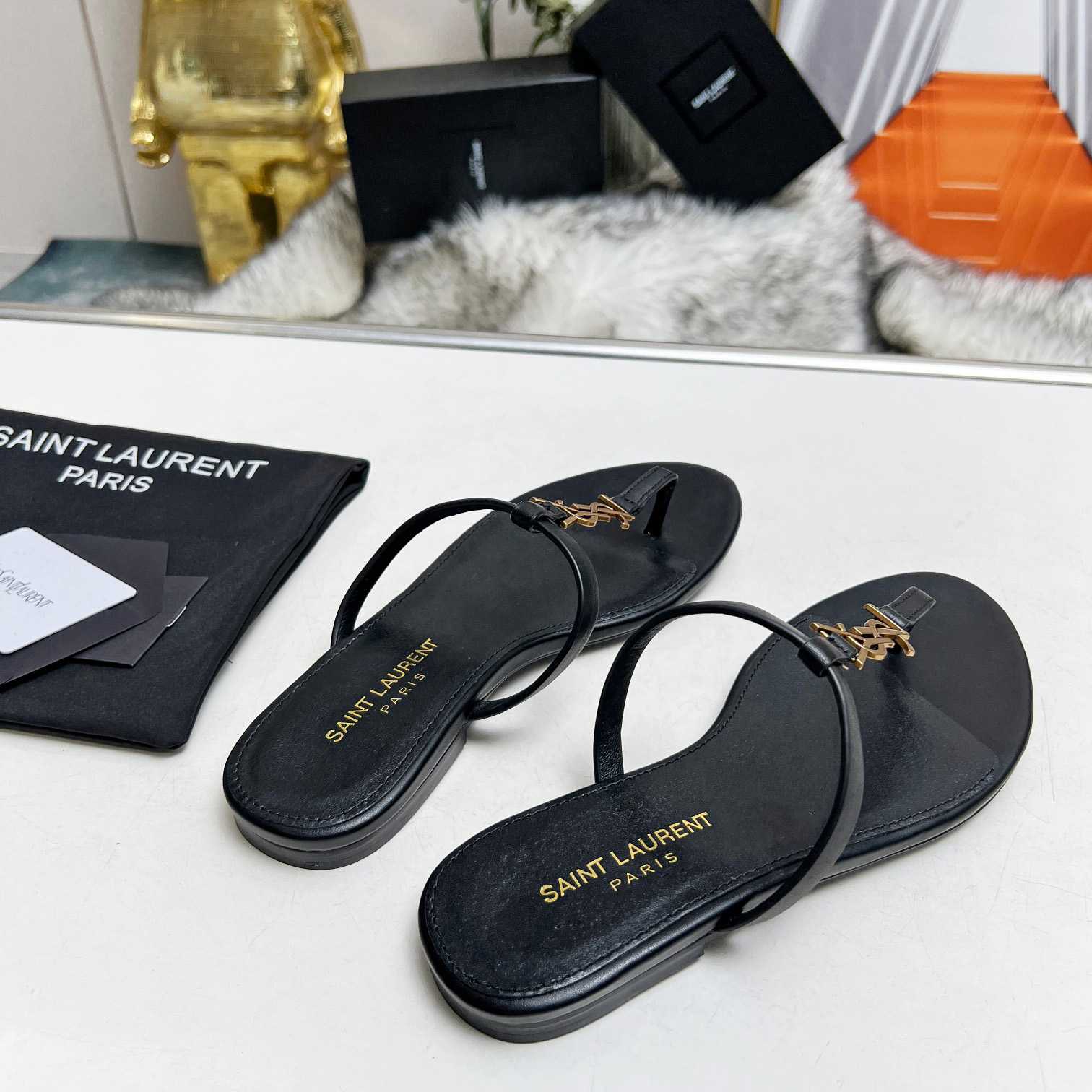 Saint Laurent Cassandra Leather Flip Flops  - DopestKickz