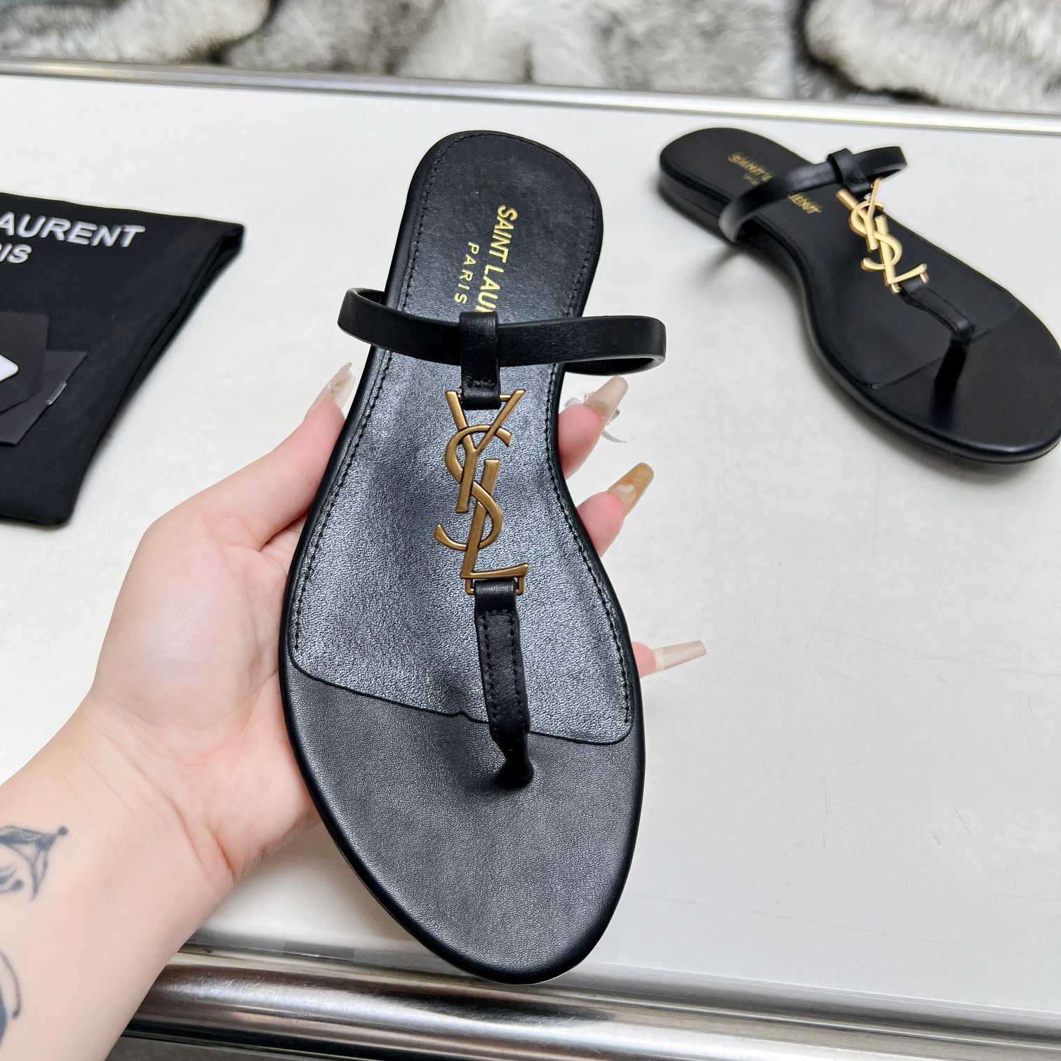 Saint Laurent Cassandra Leather Flip Flops  - DopestKickz