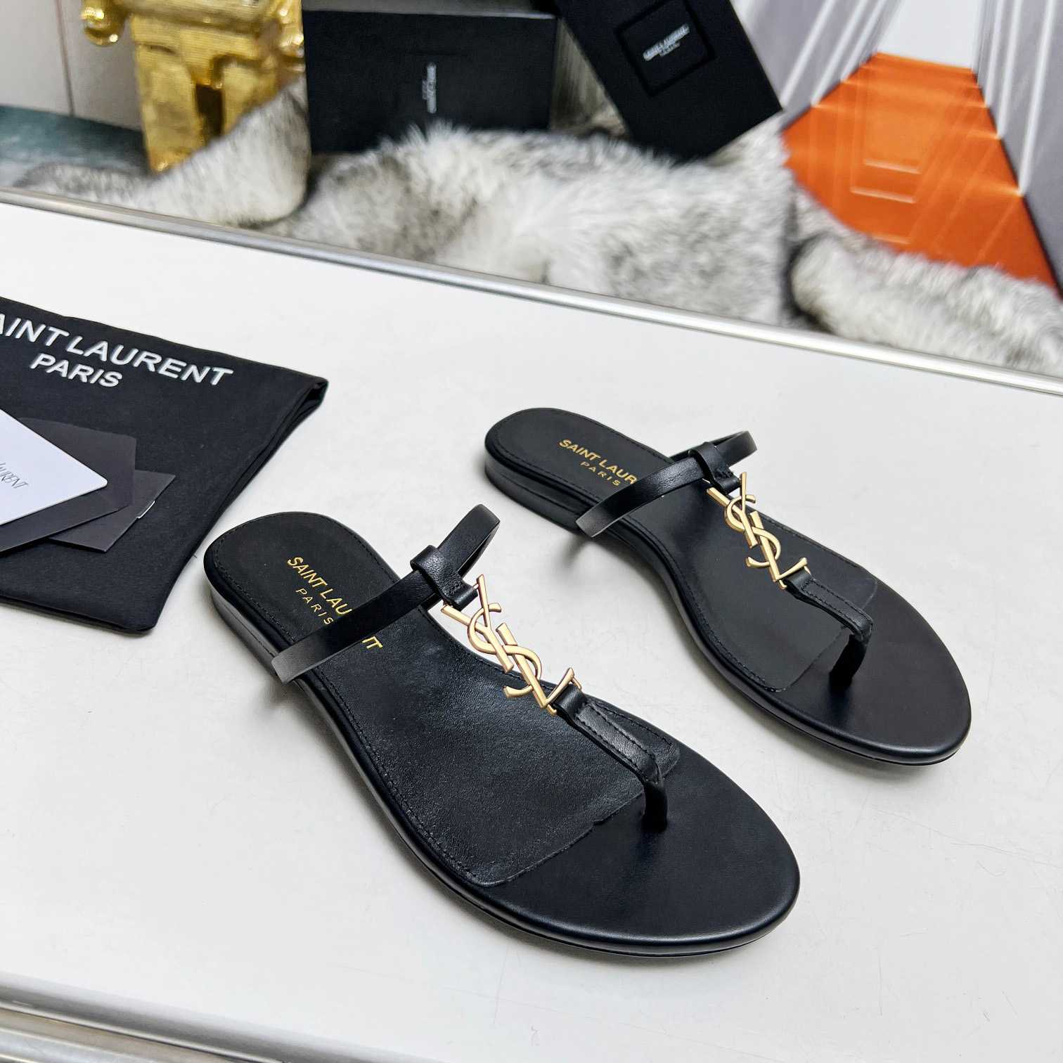 Saint Laurent Cassandra Leather Flip Flops  - DopestKickz