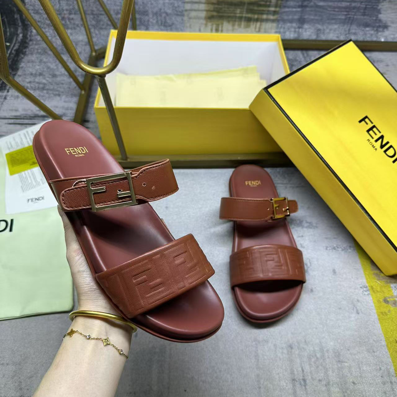 Fendi Feel Leather Double Strap Sandals - DopestKickz