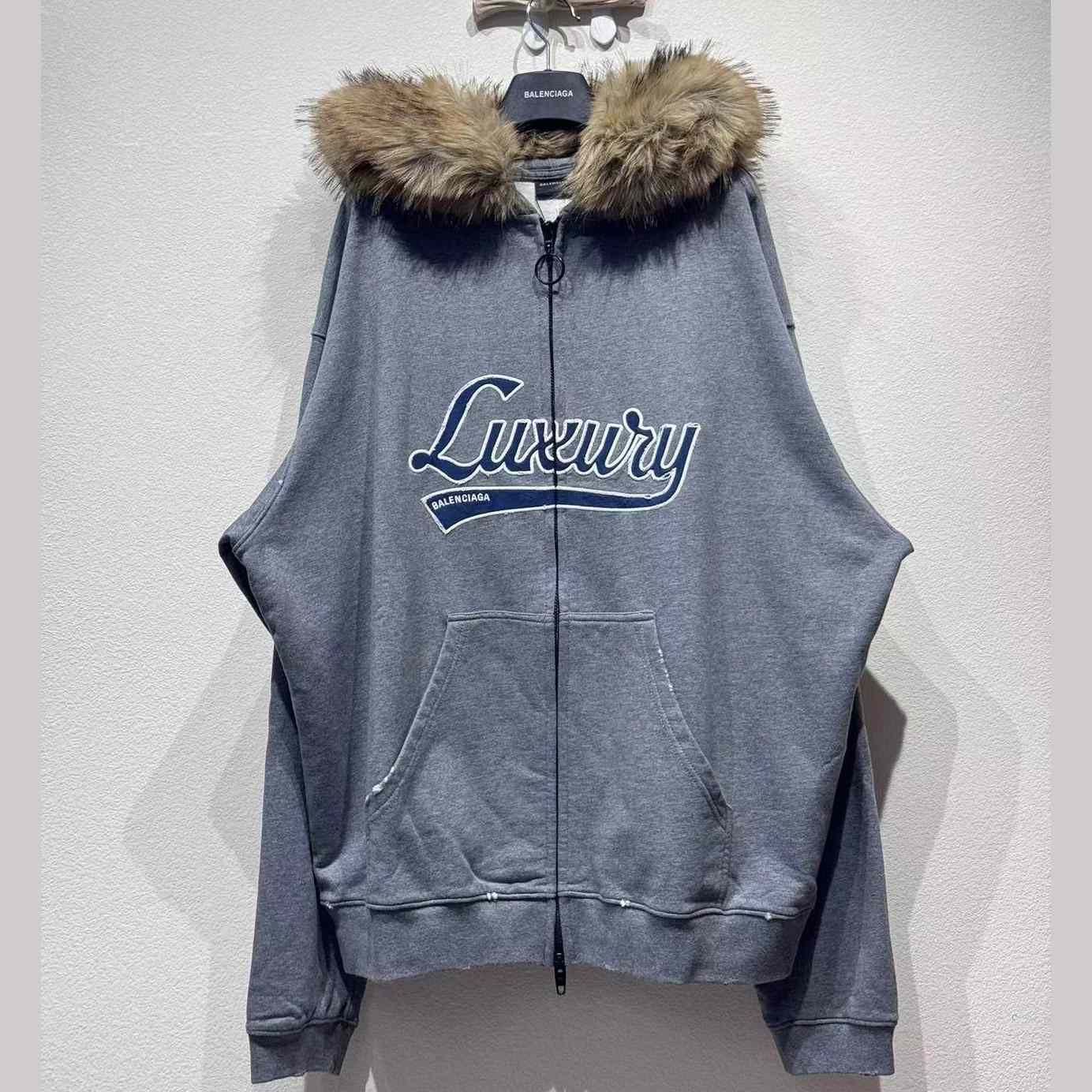 Balenciaga Luxury Script Oversized Zip-Up Hoodie In Dark Heather Grey - DopestKickz