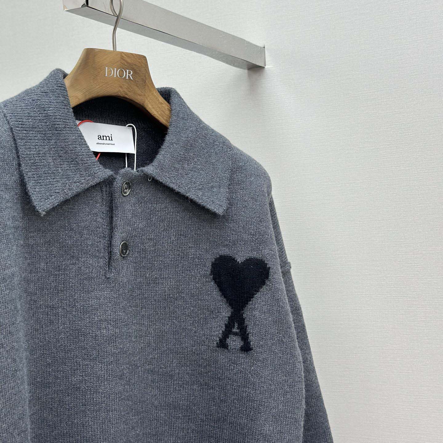 AMI Paris Grey Wool Ami De Coeur Polo - DopestKickz