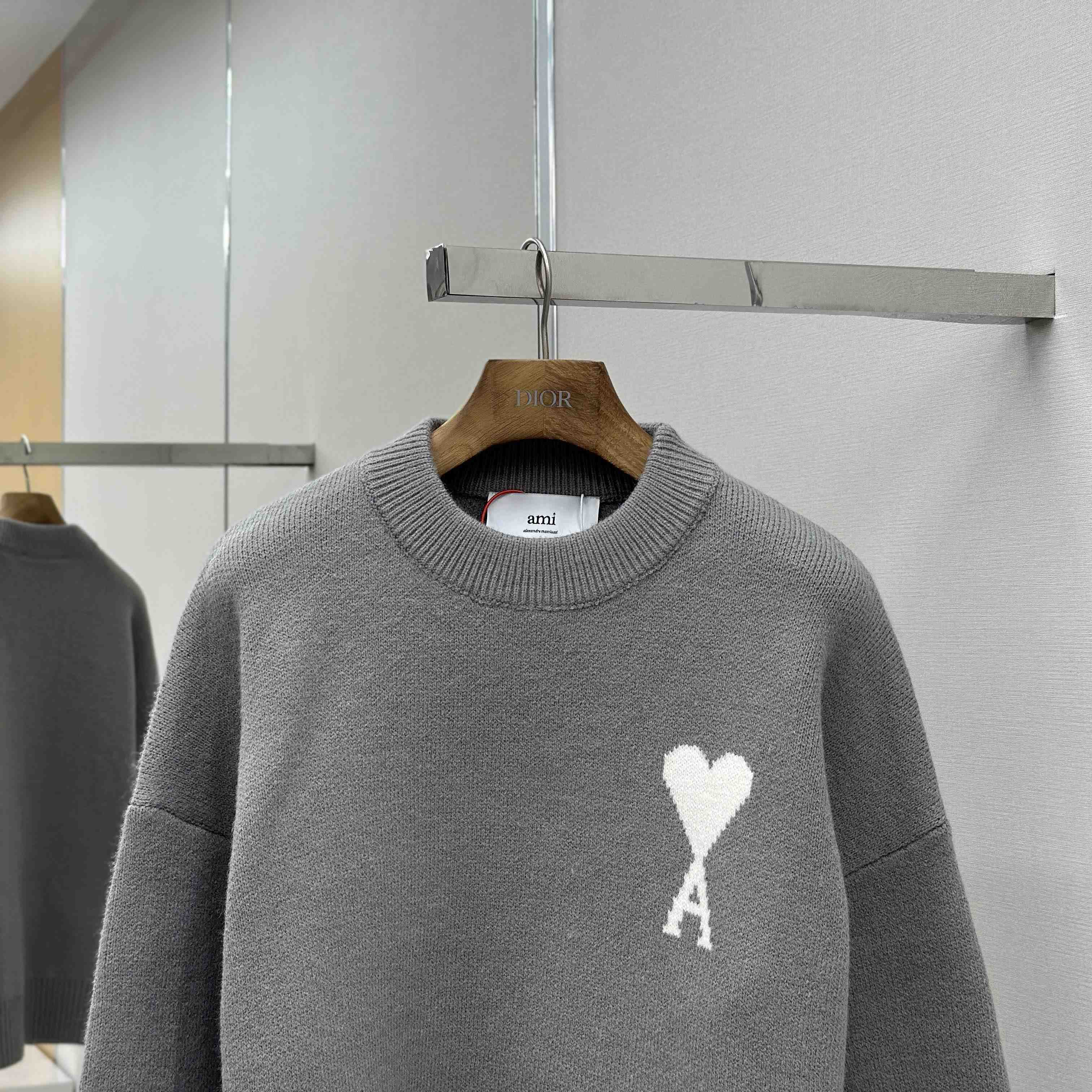 AMI Paris Grey Alpaca Ami De Coeur Crewneck Sweater  - DopestKickz