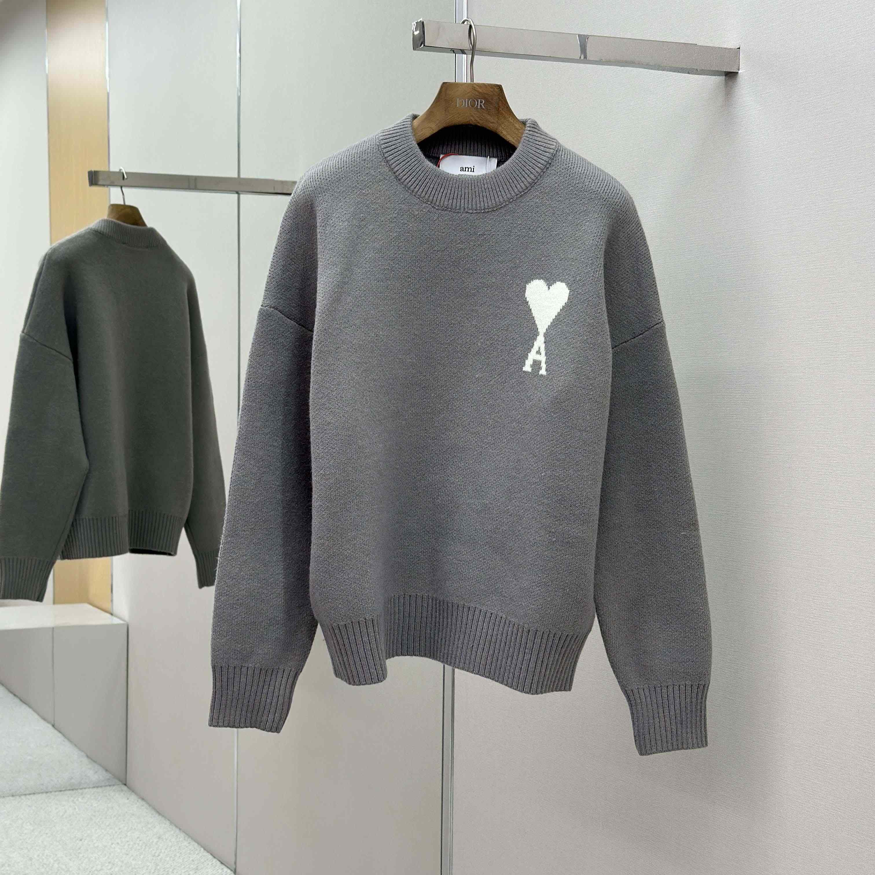 AMI Paris Grey Alpaca Ami De Coeur Crewneck Sweater  - DopestKickz
