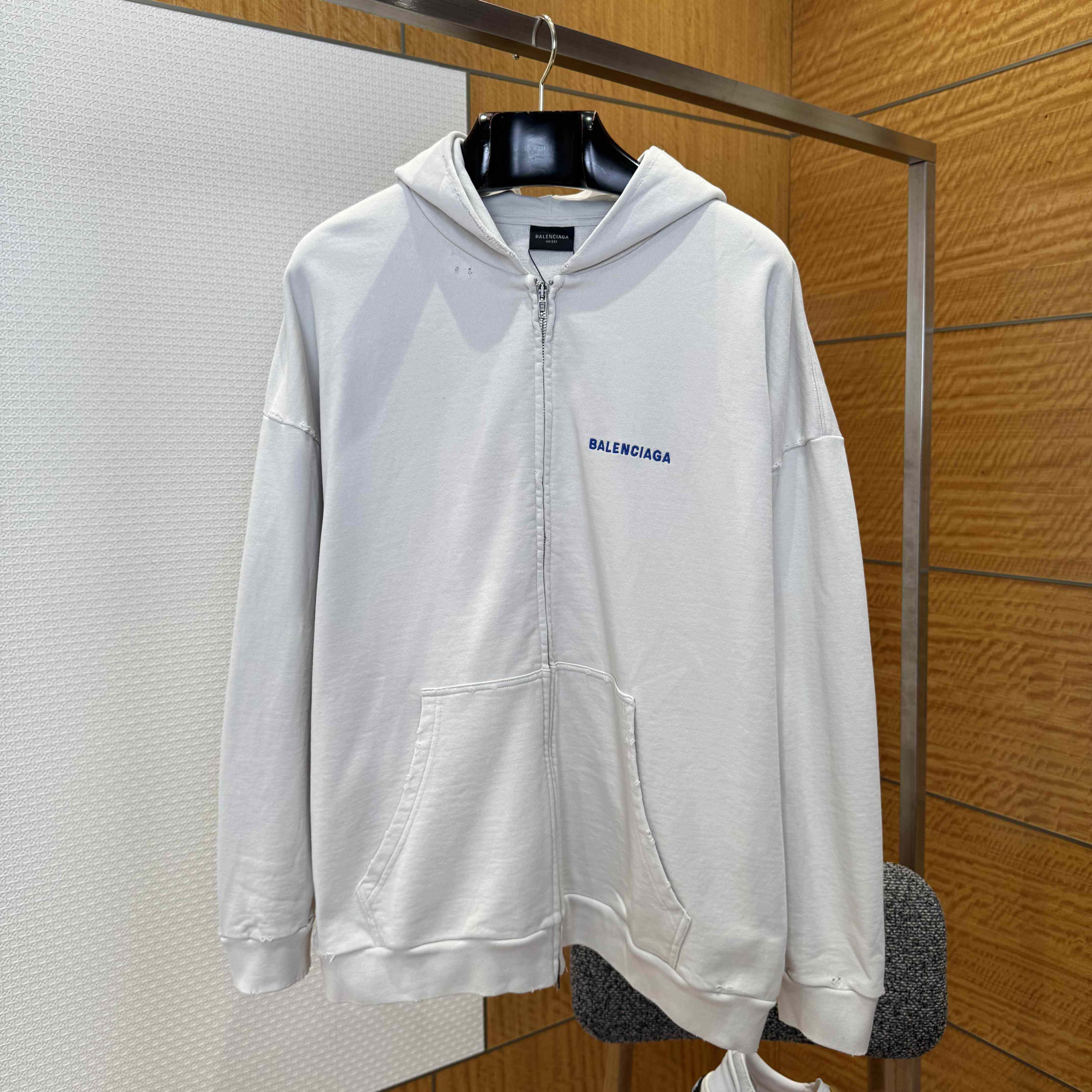 Balenciaga Back Zip-Up Hoodie Regular Fit In Dirty White And Blue Dry Fleece - DopestKickz