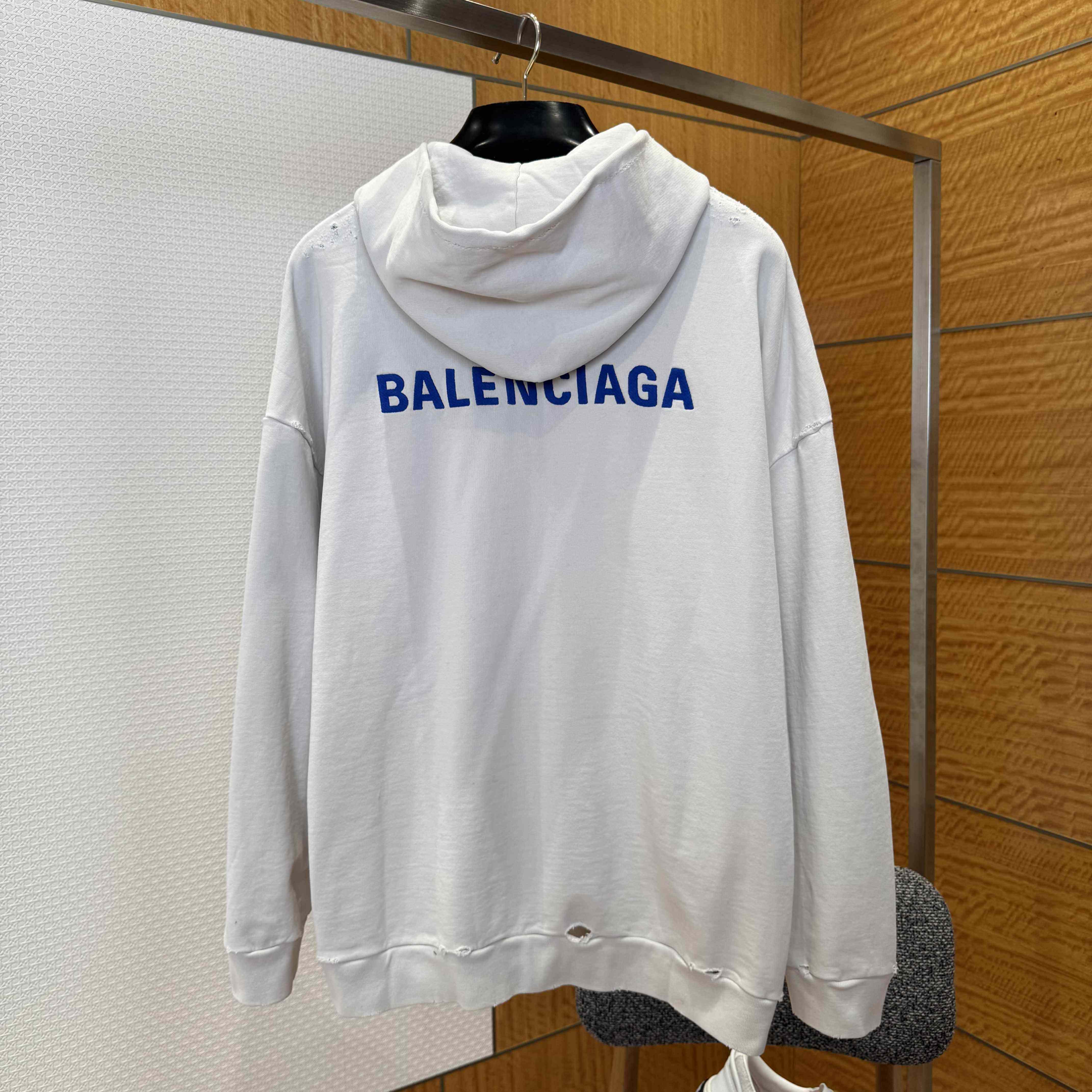 Balenciaga Back Zip-Up Hoodie Regular Fit In Dirty White And Blue Dry Fleece - DopestKickz