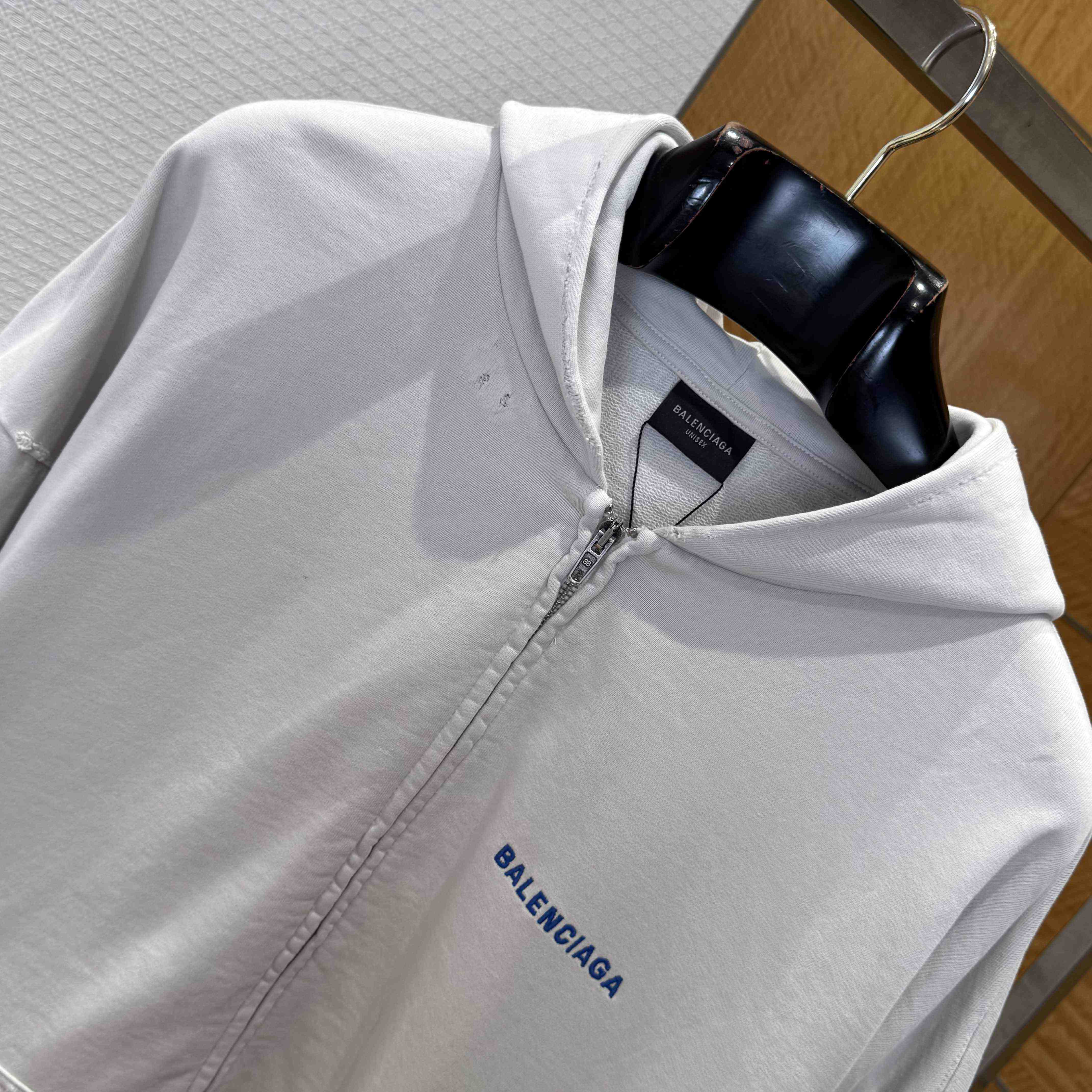 Balenciaga Back Zip-Up Hoodie Regular Fit In Dirty White And Blue Dry Fleece - DopestKickz